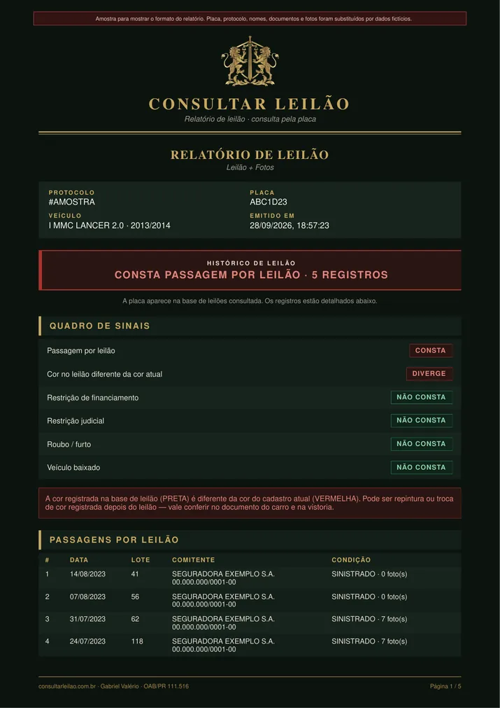 Primeira página do relatório de leilão de amostra: protocolo, resultado com cinco passagens por leilão, quadro de sinais e tabela das passagens
