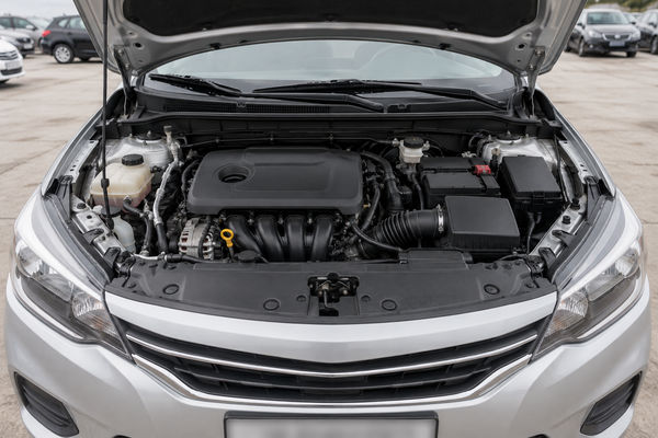 Compartimento do motor do sedã prata com o capô aberto (foto fictícia de exemplo).
