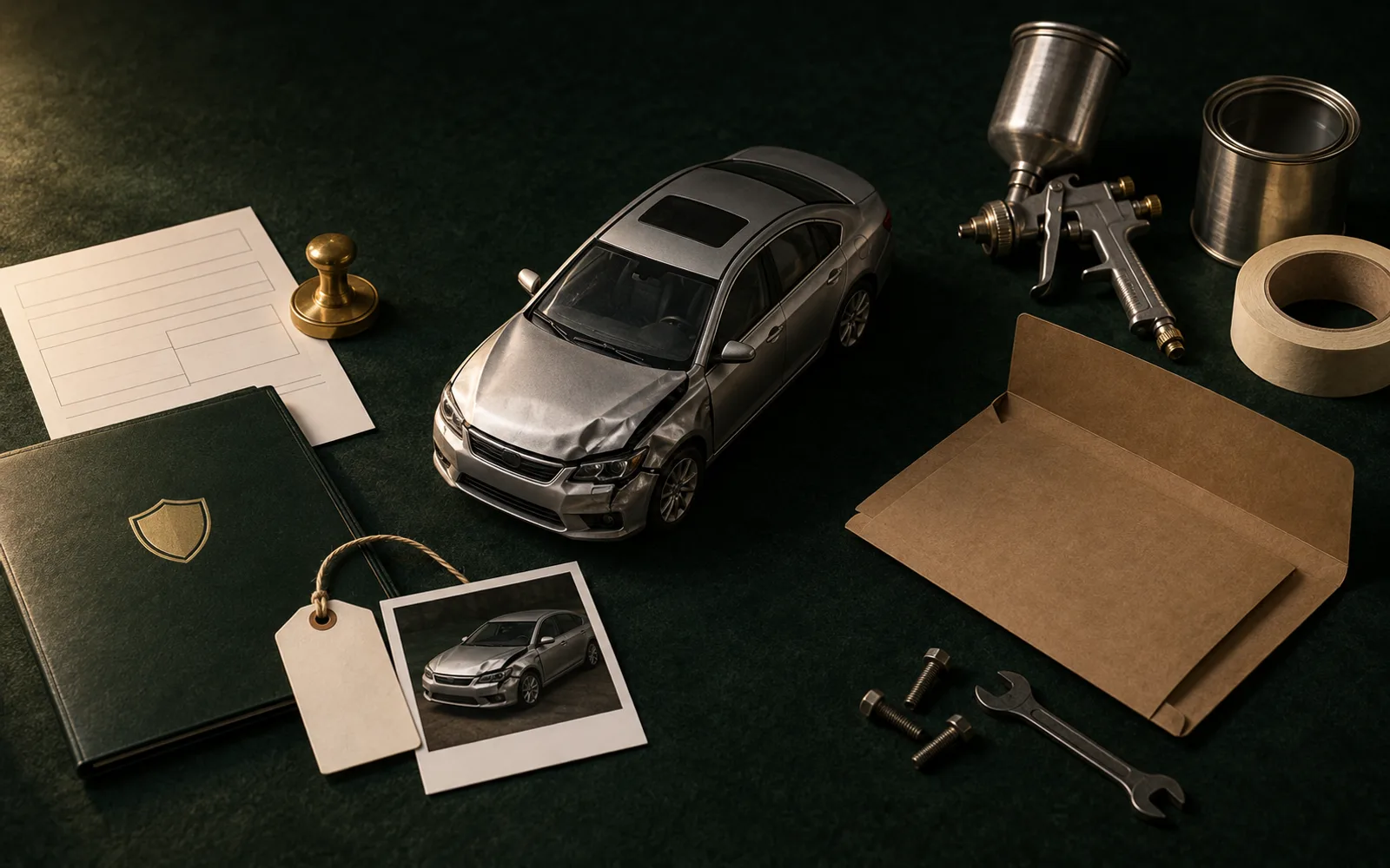 Natureza-morta sobre mesa verde-escura: um carro em miniatura com a frente levemente amassada, de um lado documentos e um lote de leilão com foto, que deixam registro, e do outro ferramentas de pintura ao lado de uma pasta vazia.
