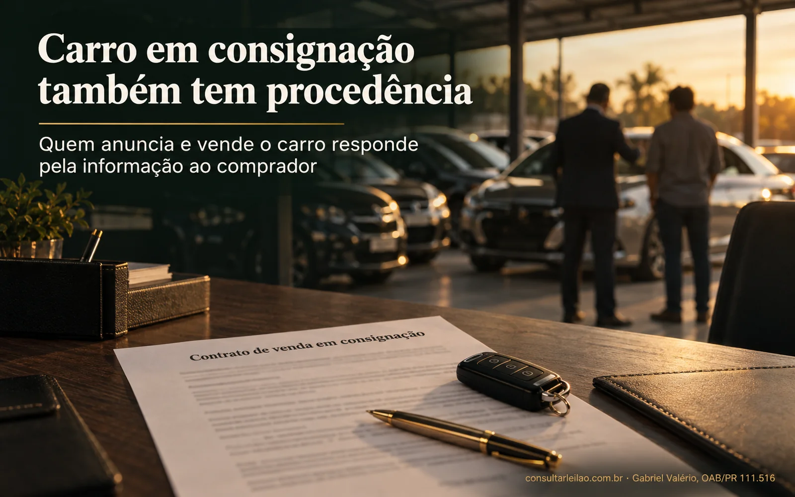Mesa de atendimento de loja de seminovos com contrato de venda em consignação, chave e caneta; ao fundo, um vendedor mostra um carro a um cliente no pátio.
