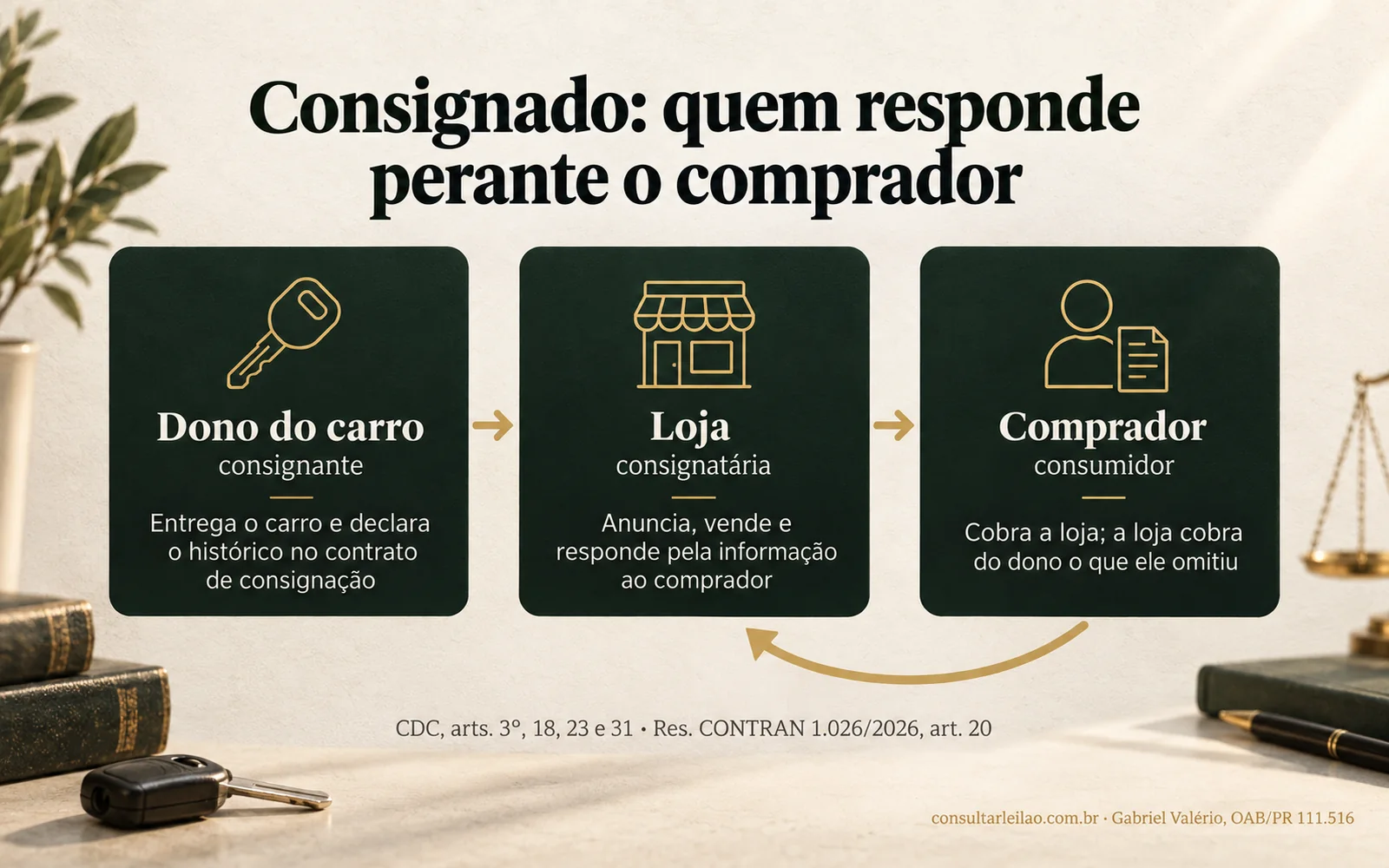 Diagrama com três cartões: o dono do carro, consignante, entrega o carro e declara o histórico; a loja, consignatária, anuncia, vende e responde pela informação; o comprador cobra a loja, que cobra do dono o que ele omitiu.