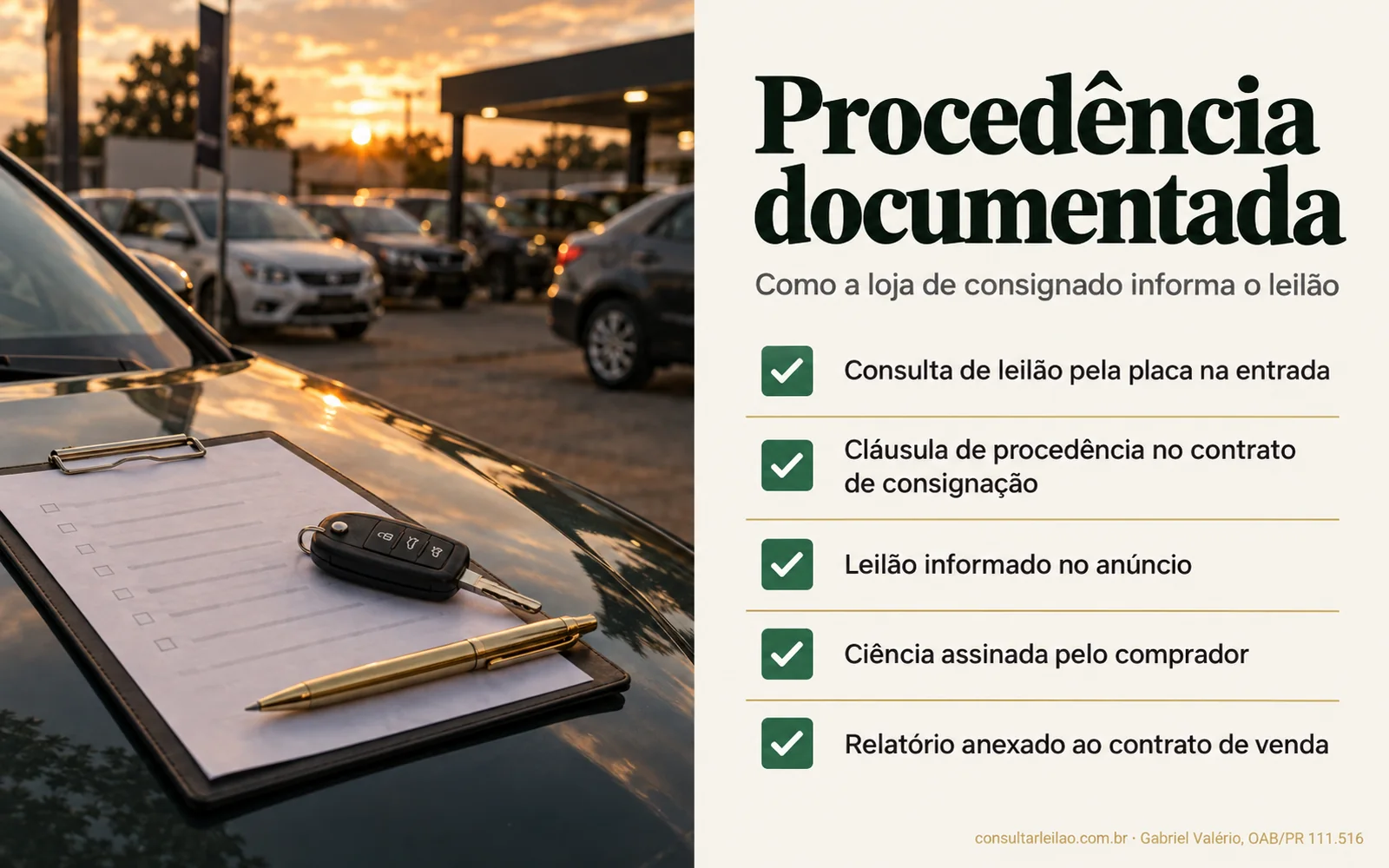 Checklist da loja de consignado para informar o leilão: consulta pela placa na entrada, cláusula de procedência no contrato de consignação, leilão no anúncio, ciência assinada pelo comprador e relatório anexado ao contrato.