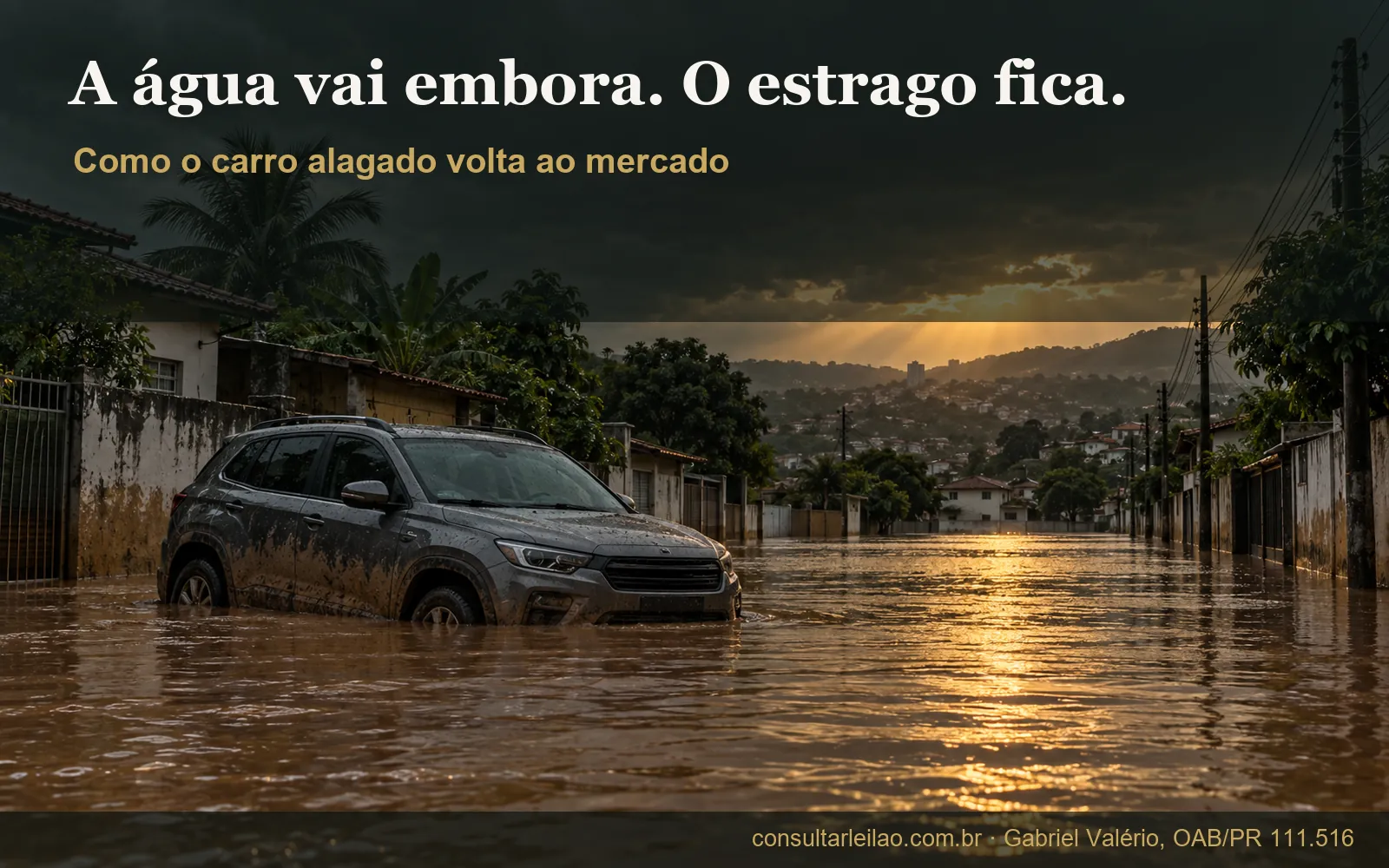 Carro parcialmente submerso em rua alagada com marca de linha de água nas portas, ilustrando como o carro de enchente pode voltar à venda.