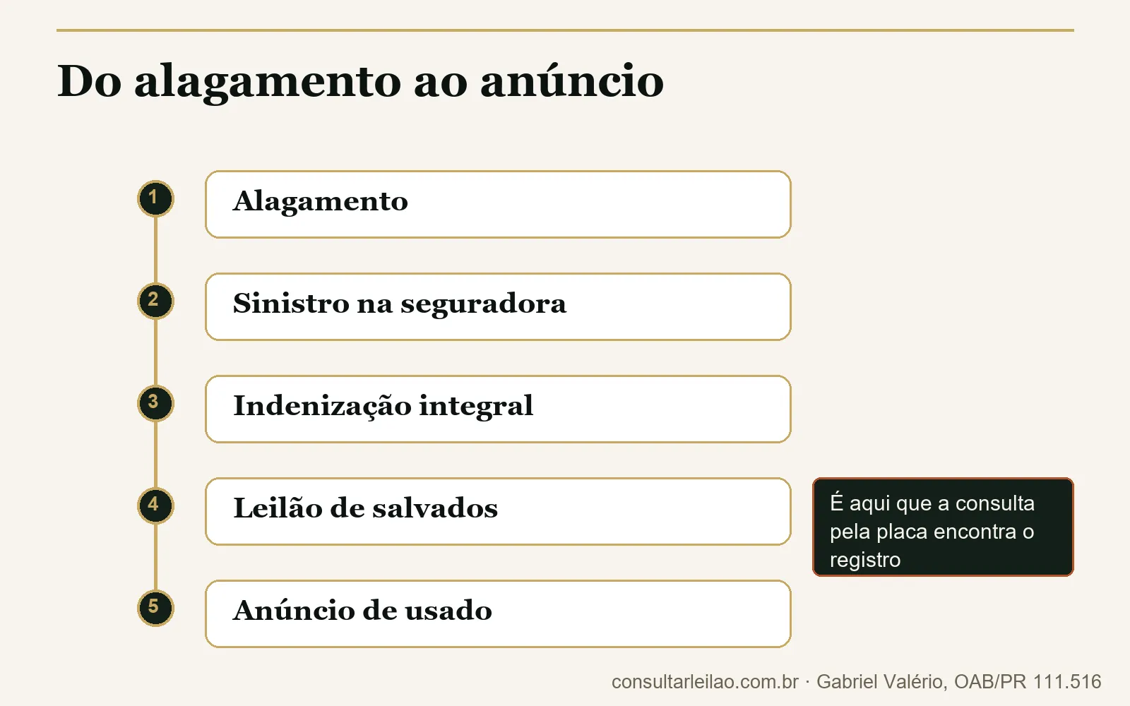 Linha do tempo de um carro de enchente: alagamento, sinistro, indenização integral, leilão de salvados e anúncio de usado.