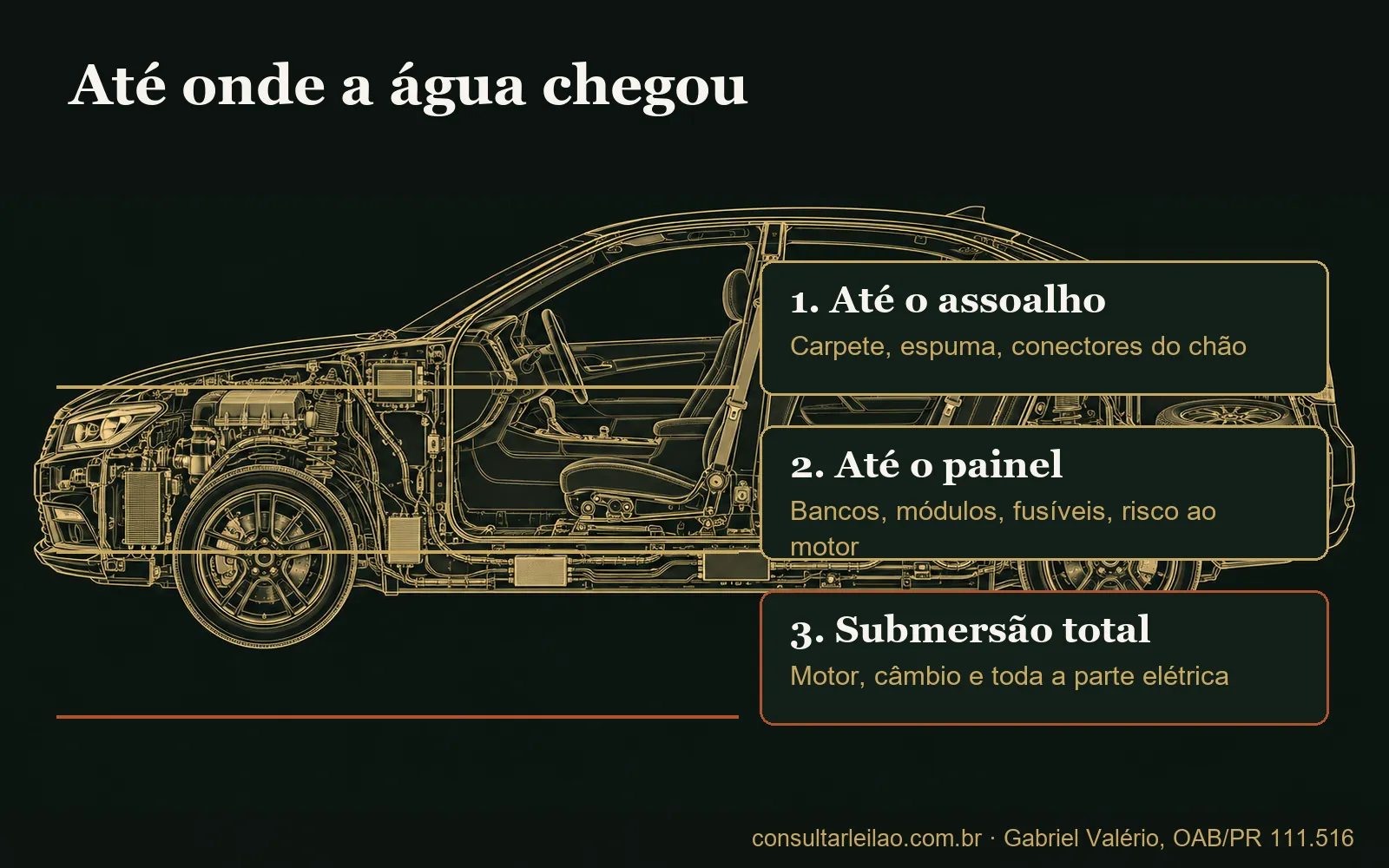 Carro em vista lateral com três faixas de altura de água: até o assoalho, até o painel e submersão total, cada uma com as partes que costuma atingir.