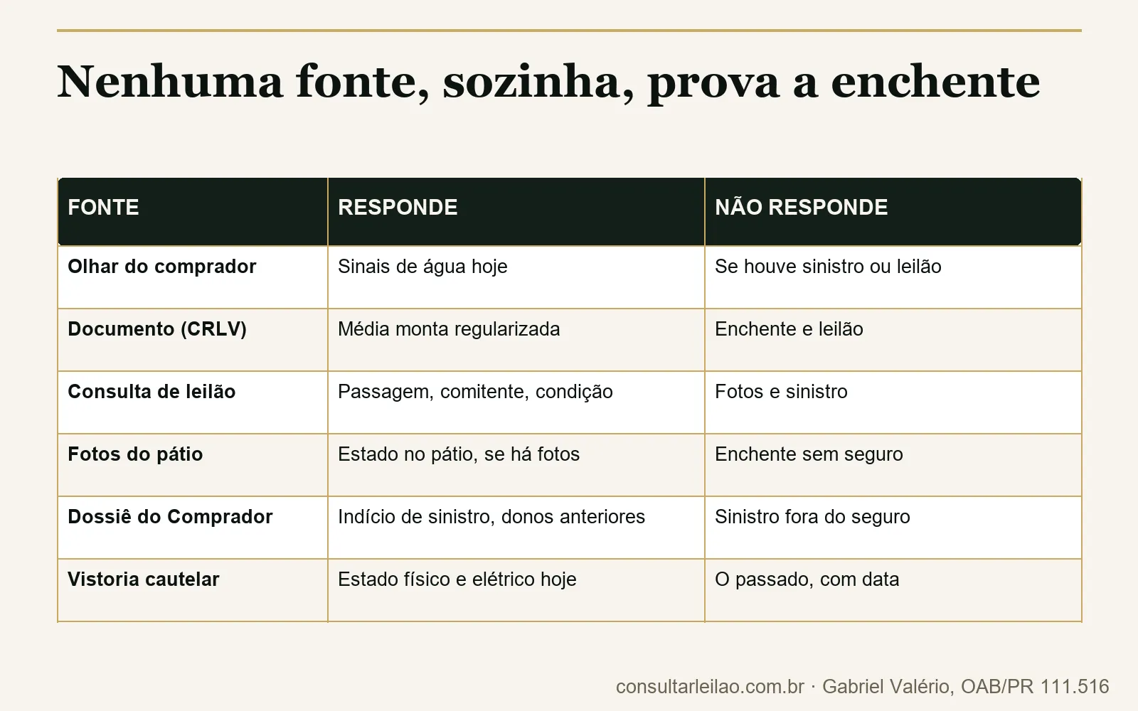 Quadro com seis fontes de verificação de carro de enchente, do olhar do comprador à vistoria cautelar, e a pergunta que cada uma responde e a que deixa sem resposta.