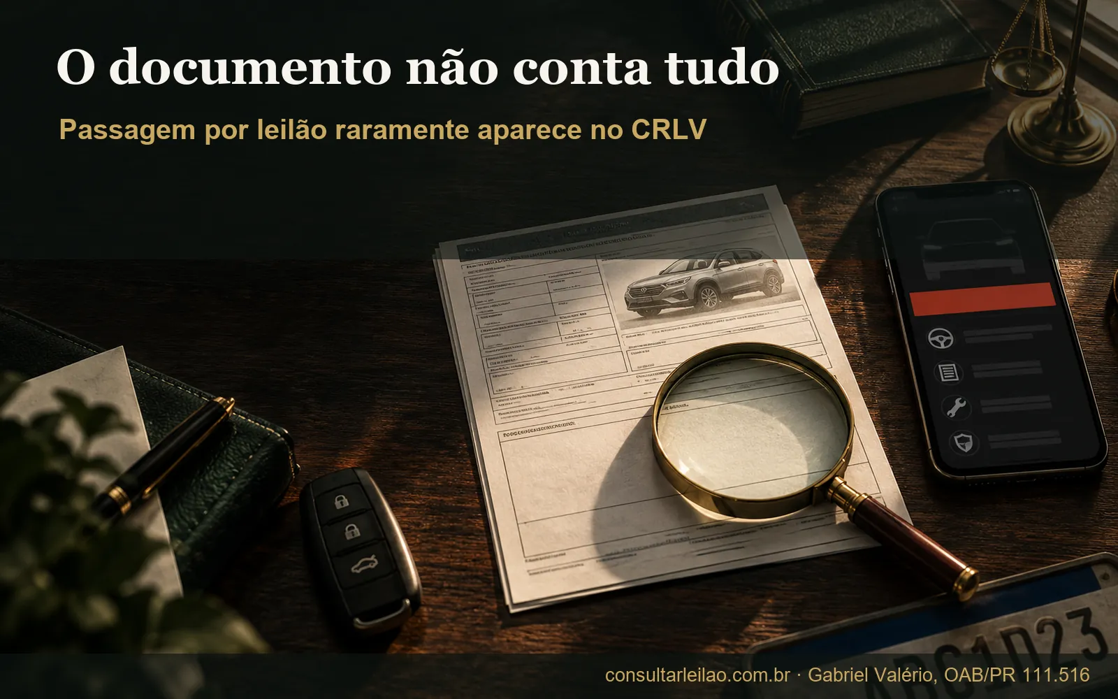 Documento de veículo fictício sob uma lupa ao lado de um celular com relatório indicando passagem por leilão, mostrando que o CRLV não revela todo o histórico.