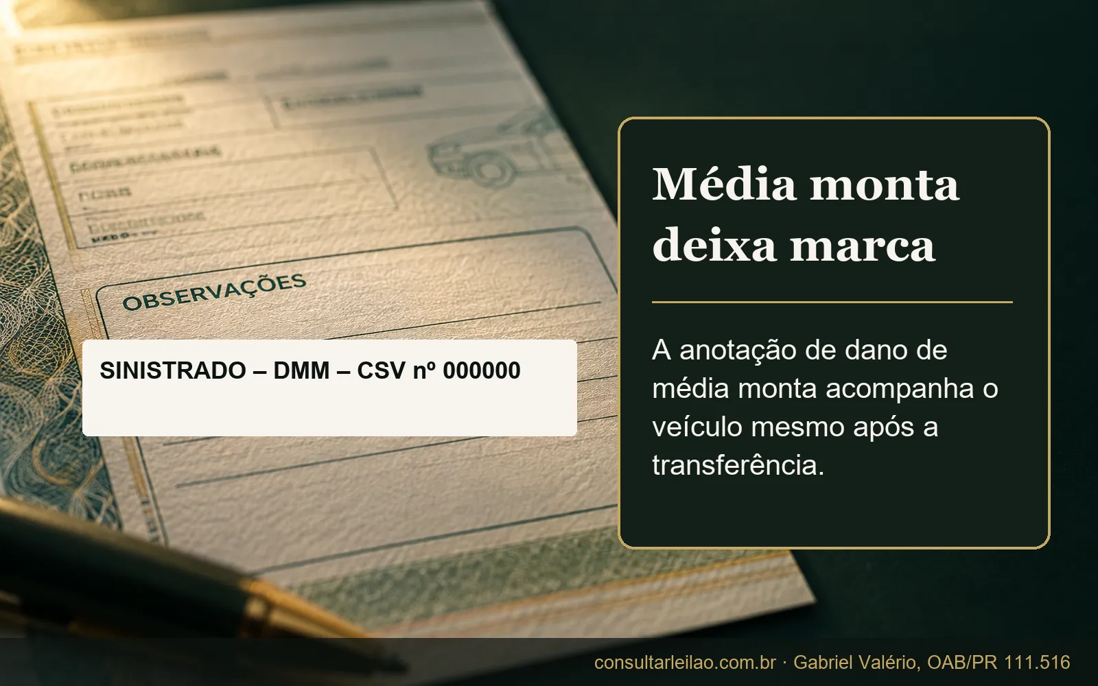 Close de campo de observações de um documento veicular fictício com anotação de sinistrado e dano de média monta, que acompanha o veículo após a venda.