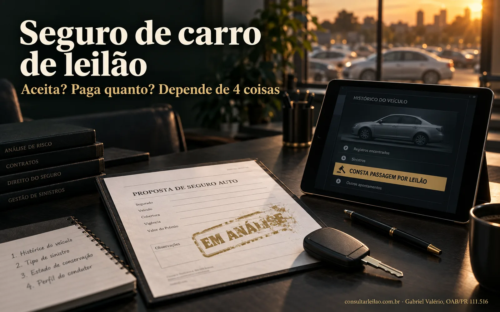 Proposta de seguro auto fictícia em análise ao lado de chave de carro e tablet com relatório indicando passagem por leilão.