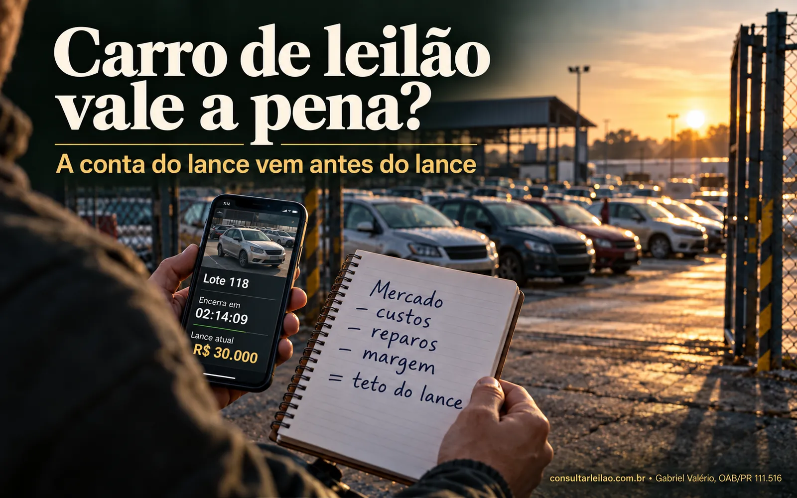 Arrematante diante do pátio de um leilão ao amanhecer, com o celular mostrando a contagem regressiva de um lote e um caderno com a conta do lance máximo.