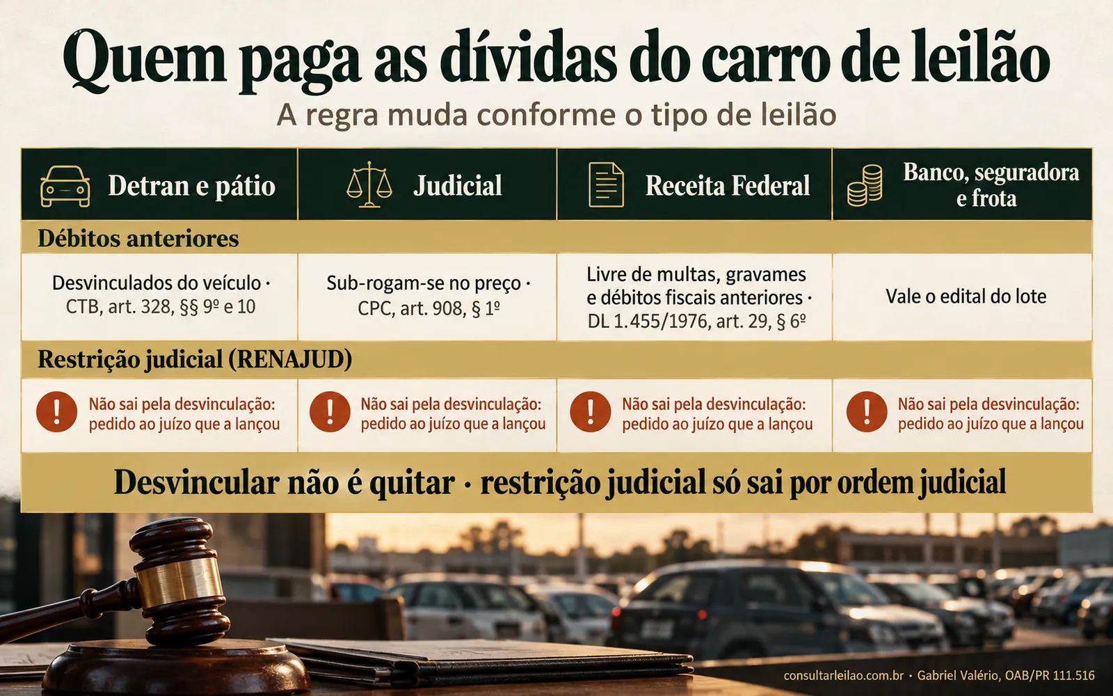 Quadro comparando quem paga os débitos anteriores em leilão do Detran, leilão judicial, leilão da Receita Federal e leilão de banco ou seguradora, com a restrição judicial destacada.