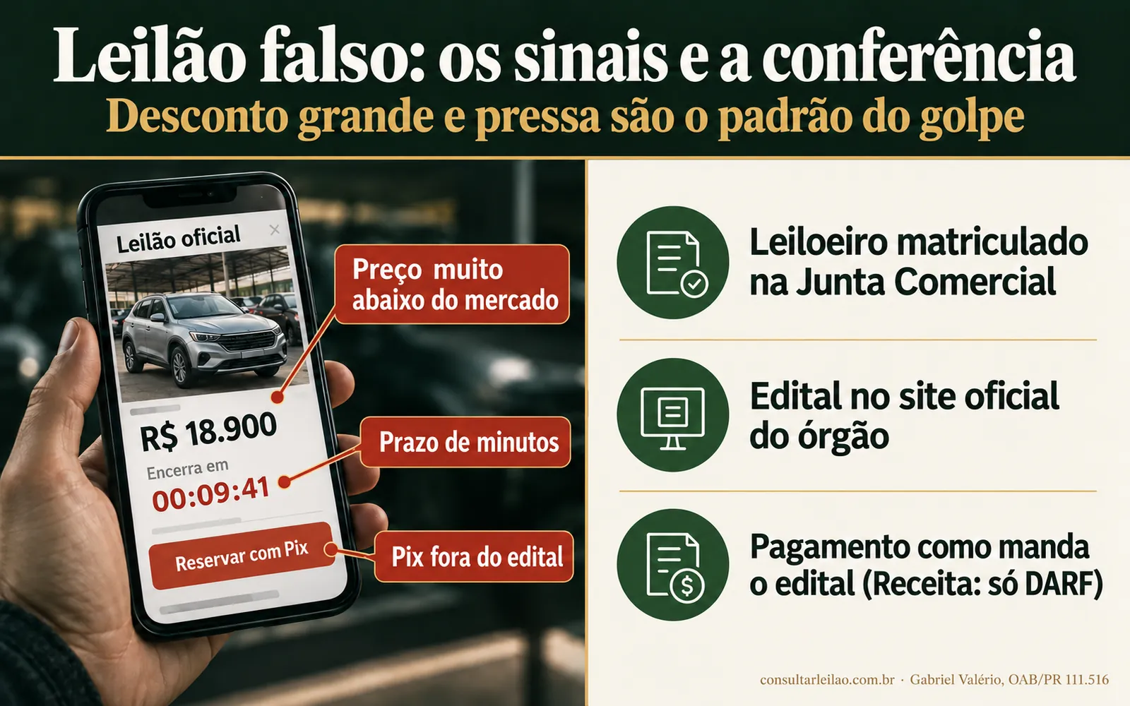 Tela de celular com um anúncio de leilão de carro com preço muito baixo e contagem regressiva, ao lado de uma lista de conferência com leiloeiro, edital e forma de pagamento.