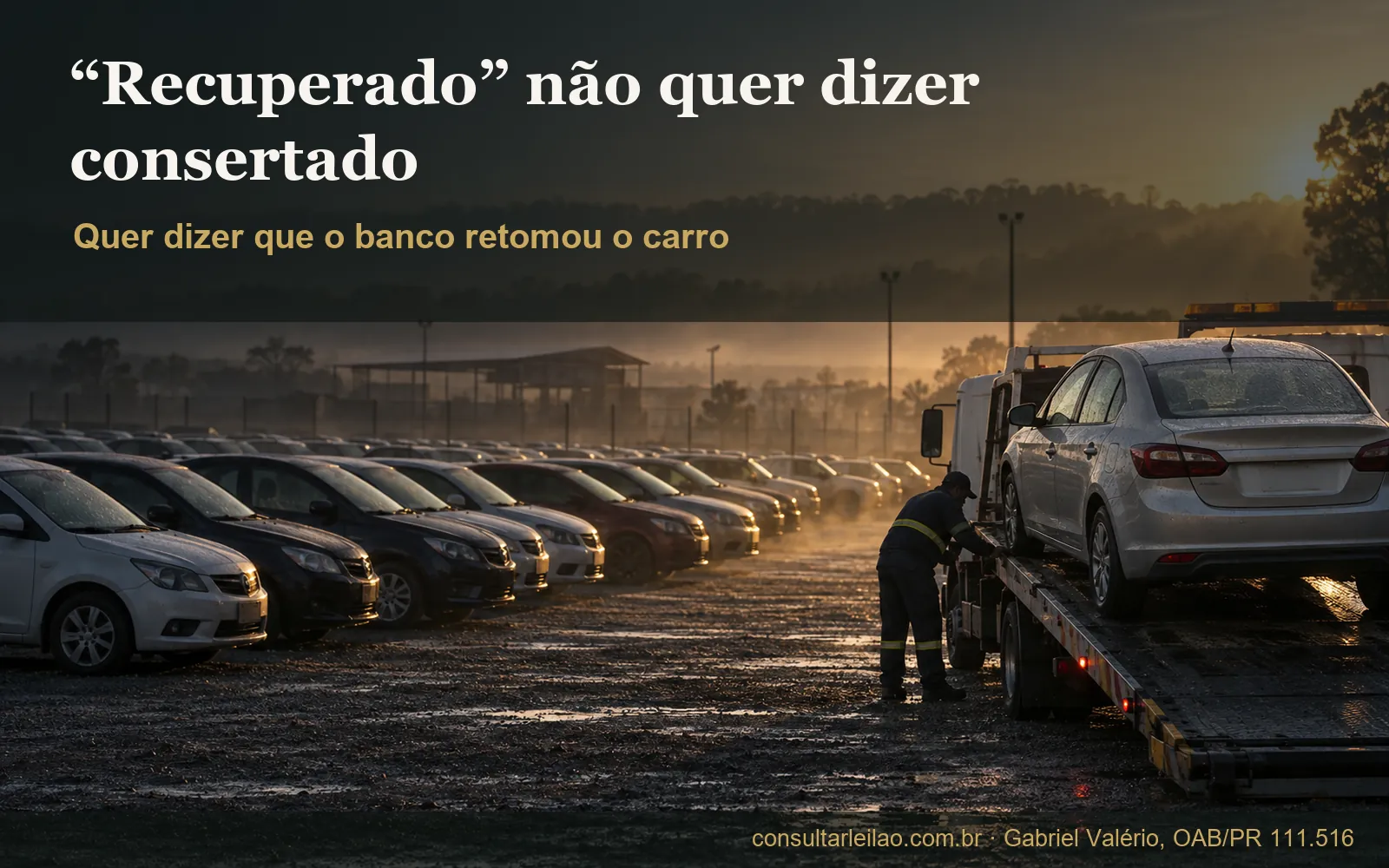 Pátio de leilão ao amanhecer com carros numerados por lote e um guincho descarregando um veículo retomado por financeira.