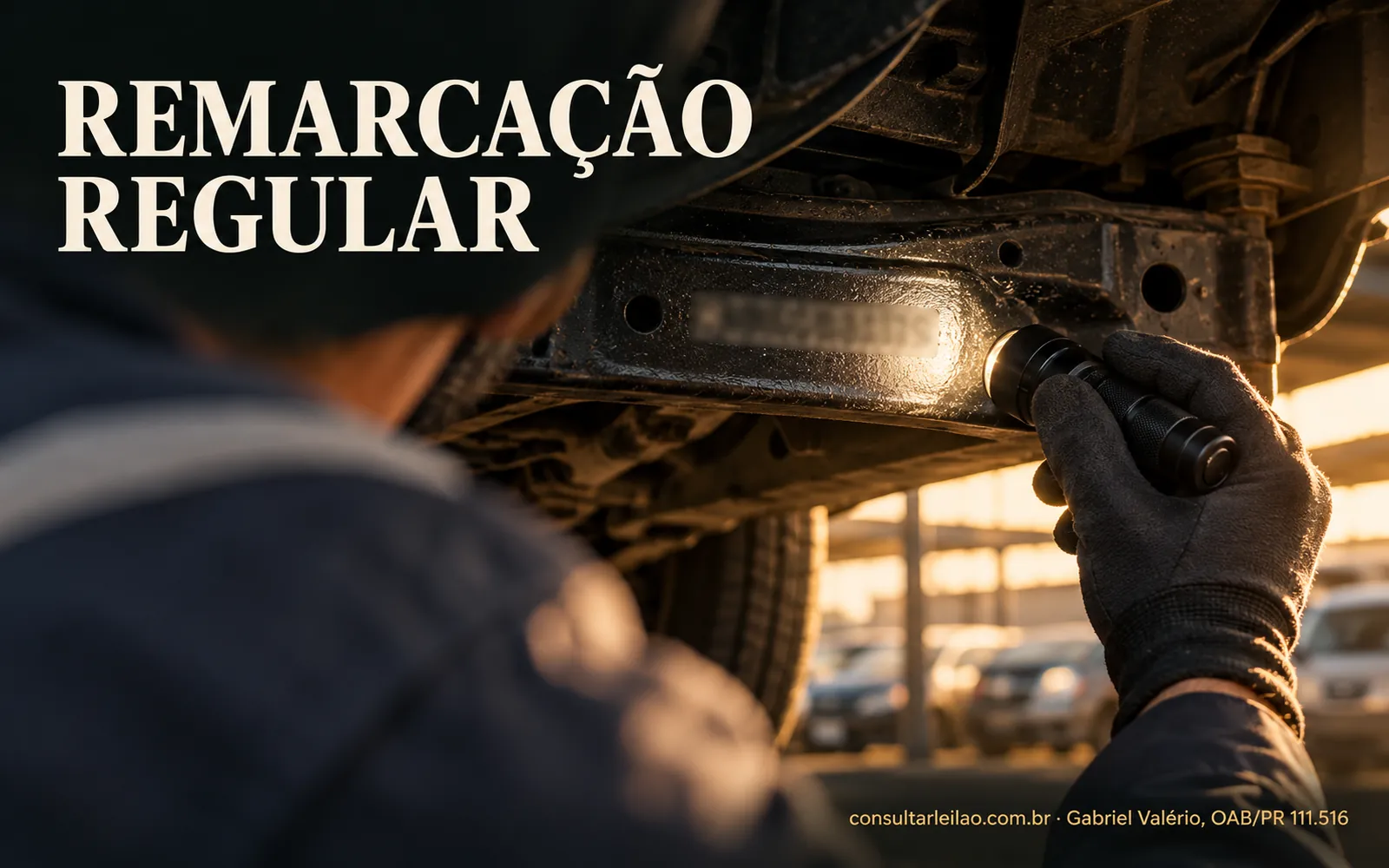 Profissional ilumina com uma lanterna a gravação do chassi durante a vistoria; a numeração aparece desfocada, sob o título Remarcação regular.