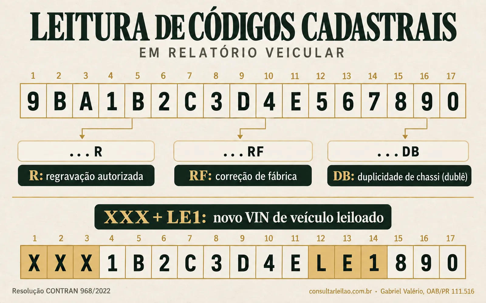 Número de chassi de 17 caracteres com setas explicando os sufixos R, RF e DB e o prefixo XXX com LE1 nas posições 12 a 14.