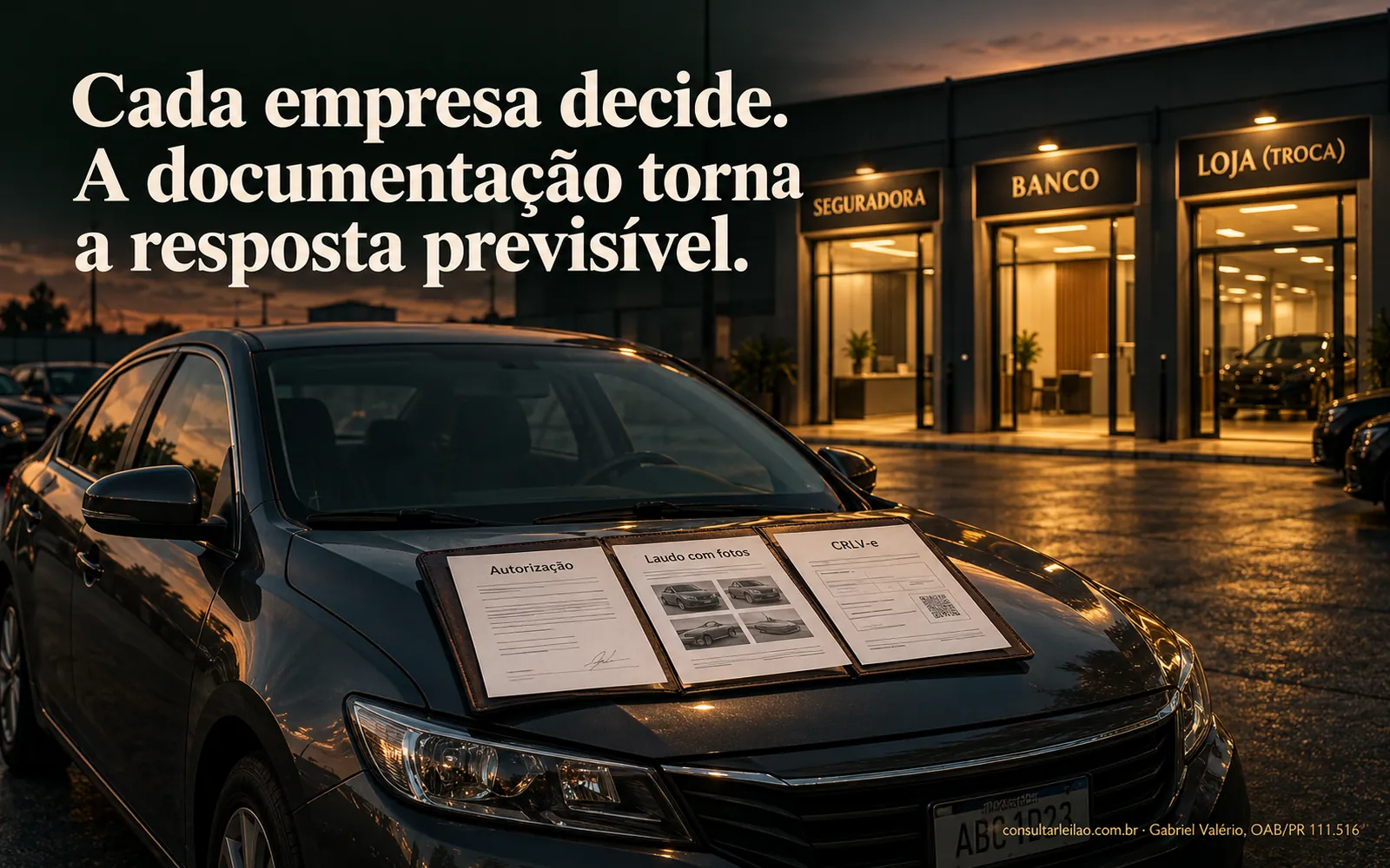 Três portas rotuladas seguradora, banco e loja de troca, com uma pasta de documentos da remarcação sobre o capô de um carro diante delas.