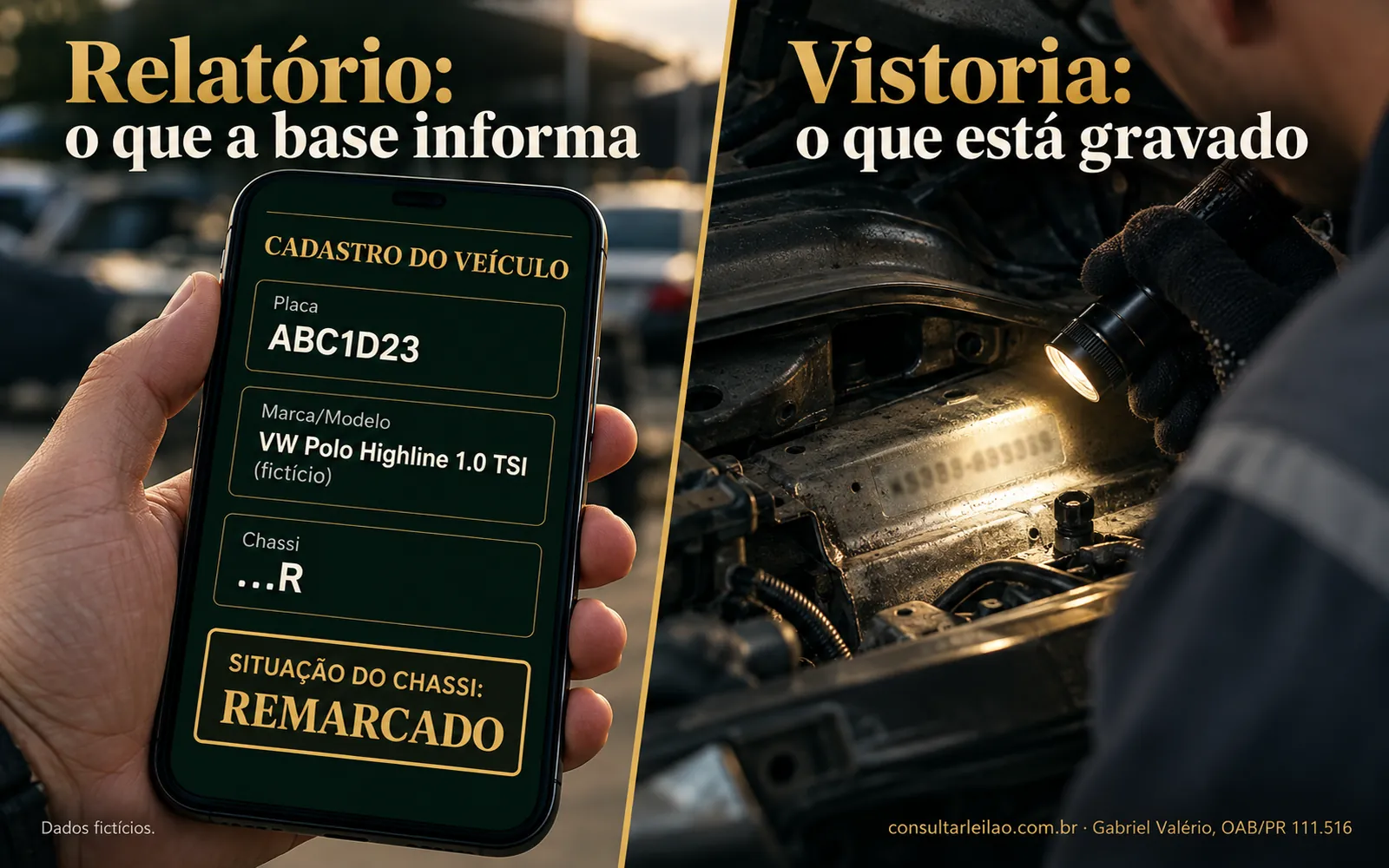 Celular exibindo um relatório escuro com o campo Situação do chassi e o quadro de sinais, ao lado de um carro em vistoria com o número do chassi sendo conferido.