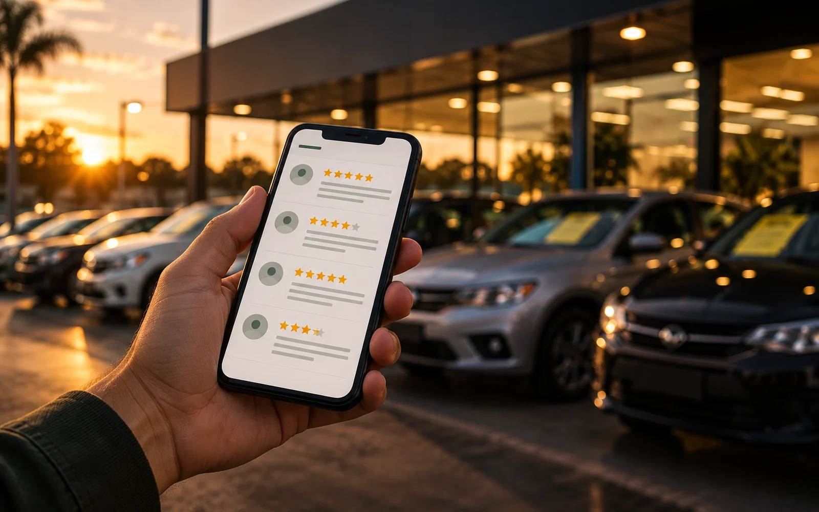 Mão segurando um celular com uma lista de avaliações com estrelas, diante da fachada desfocada de uma loja de carros seminovos.