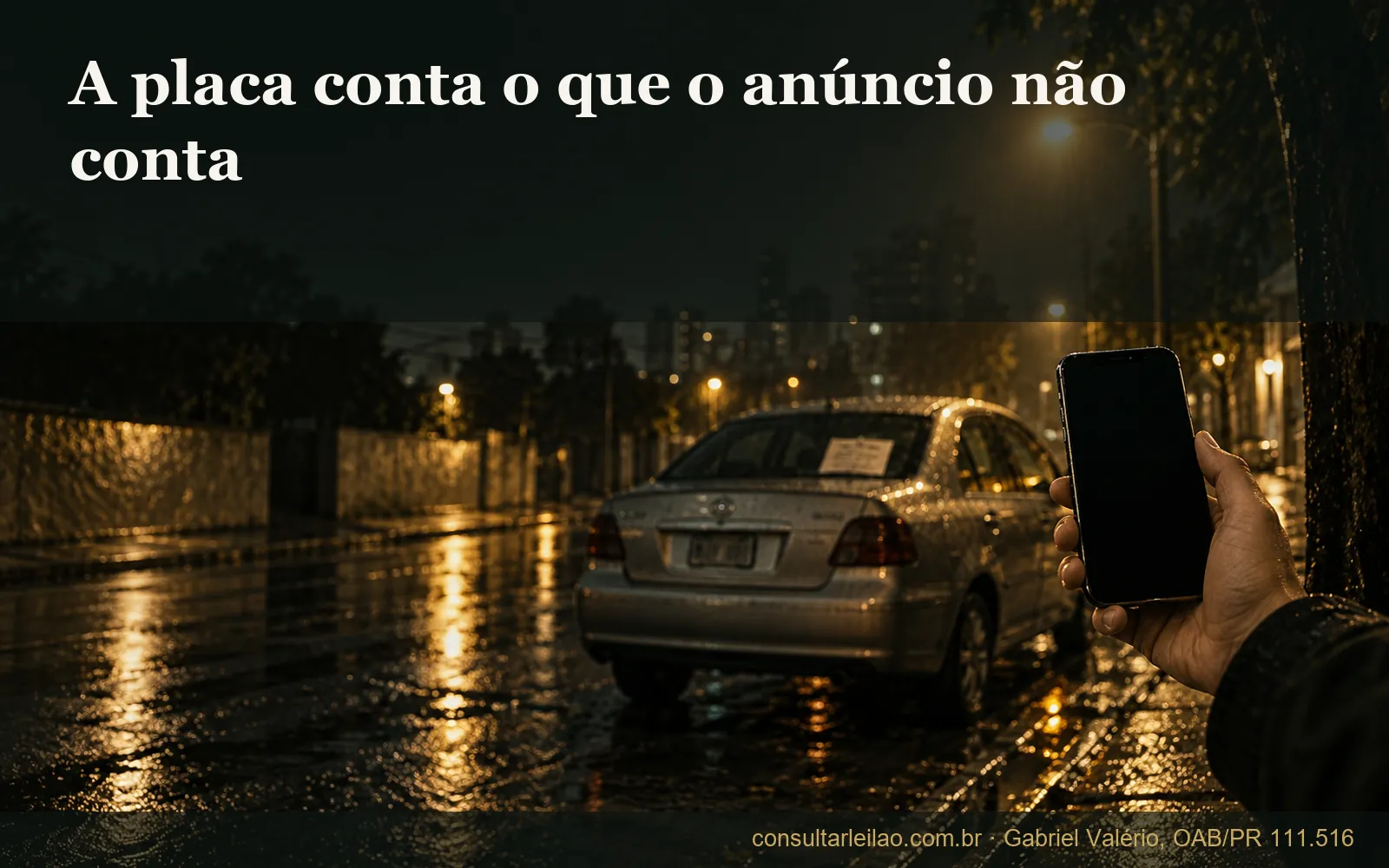 Pessoa consultando pelo celular a placa de um carro à venda na rua, com prévia gratuita do veículo e botão para ver se ele já passou por leilão.