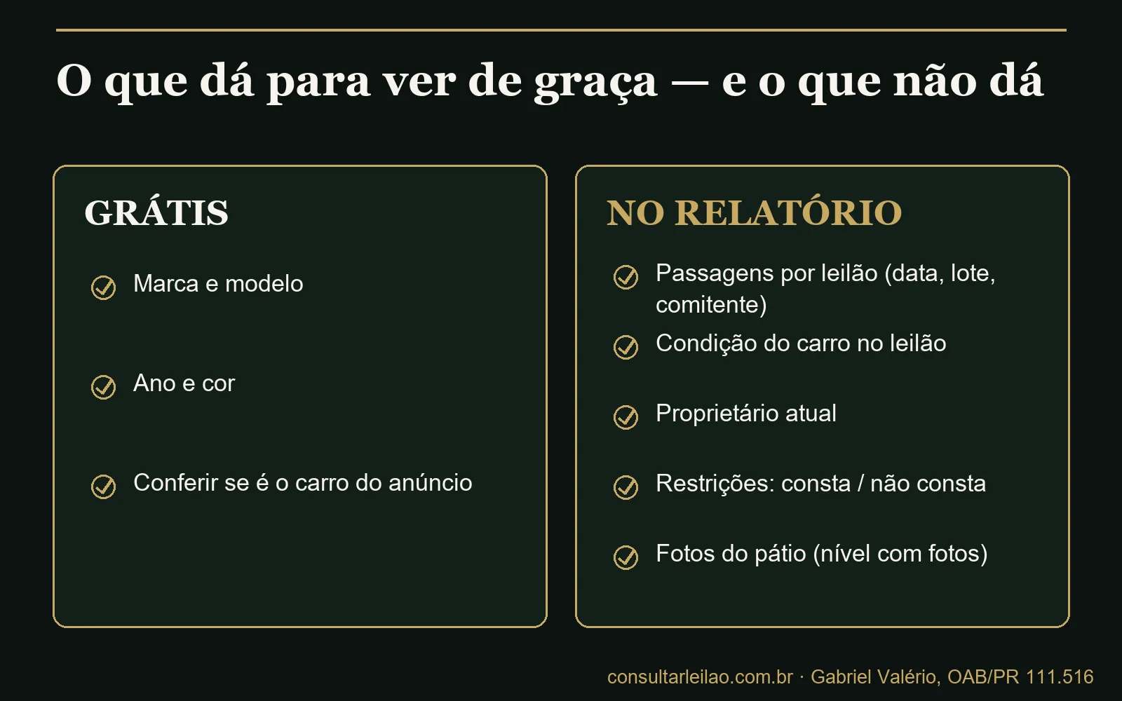 Comparativo entre o que a prévia grátis mostra pela placa, como marca, modelo, ano e cor, e o que o relatório de leilão traz, como passagens, condição e restrições.