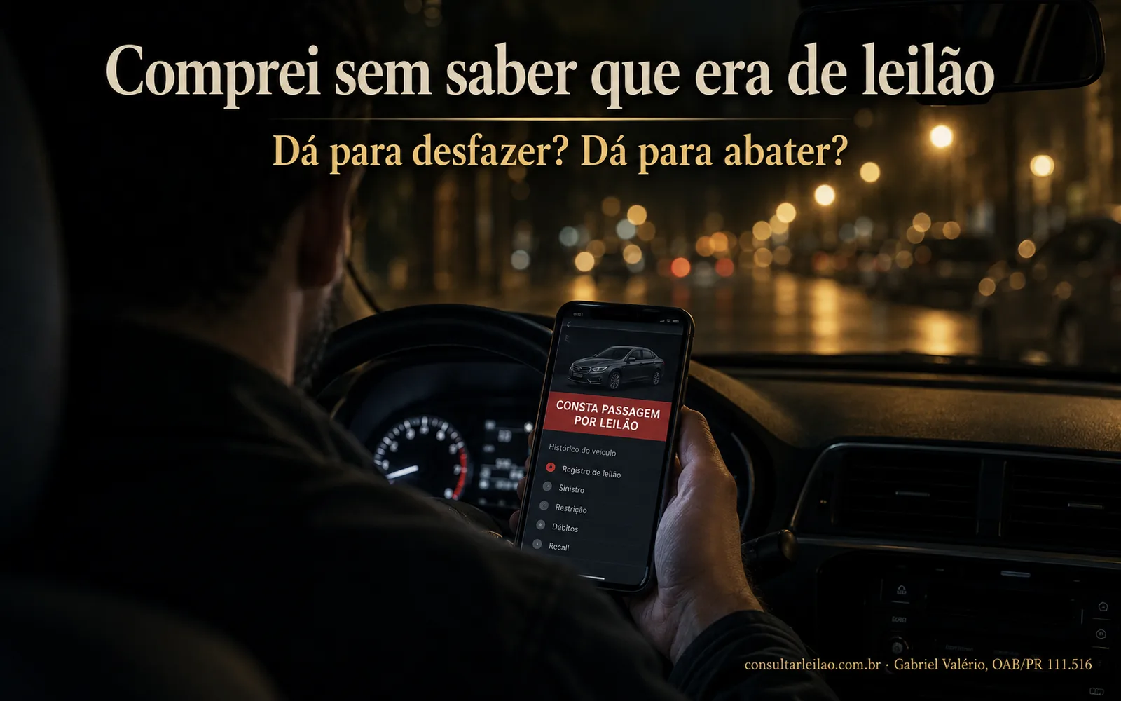 Pessoa dentro do carro olhando no celular um relatório que indica passagem por leilão descoberta depois da compra.