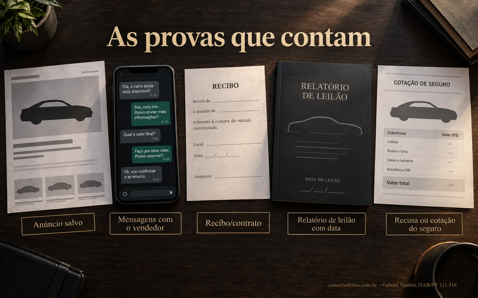 Mesa com as provas que contam quando o carro de leilão foi vendido sem aviso: anúncio, mensagens, recibo, relatório e cotação do seguro.