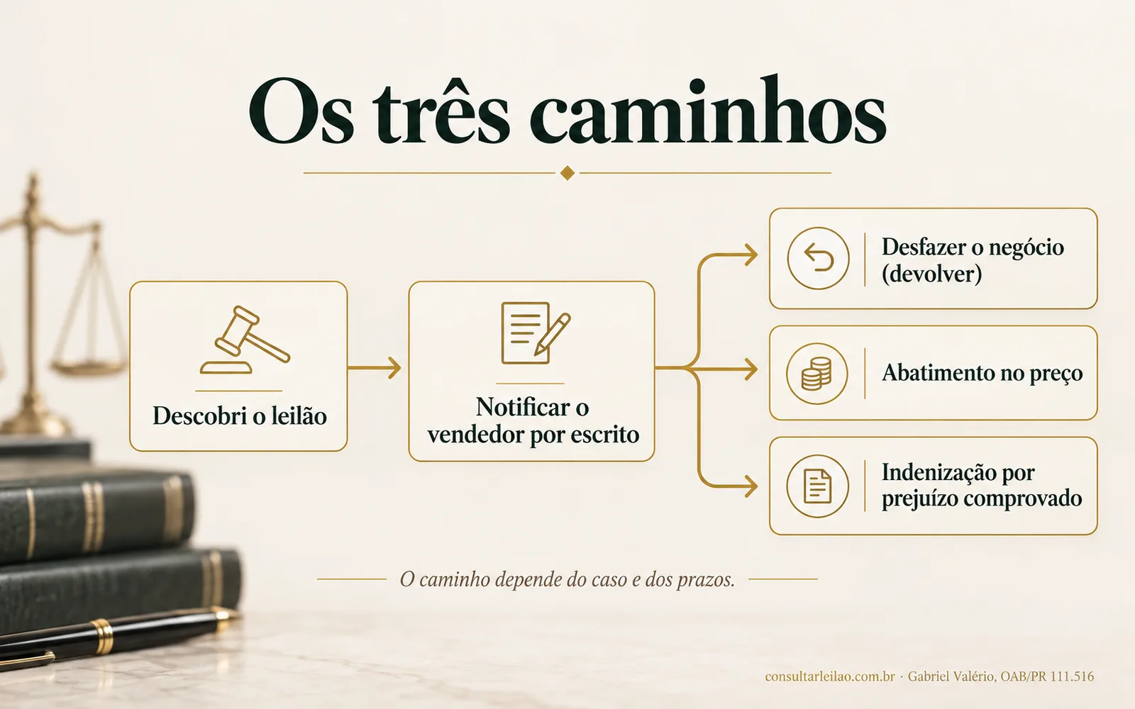Fluxograma a partir da descoberta do leilão, com notificação ao vendedor e três caminhos: desfazer o negócio, abatimento ou indenização.