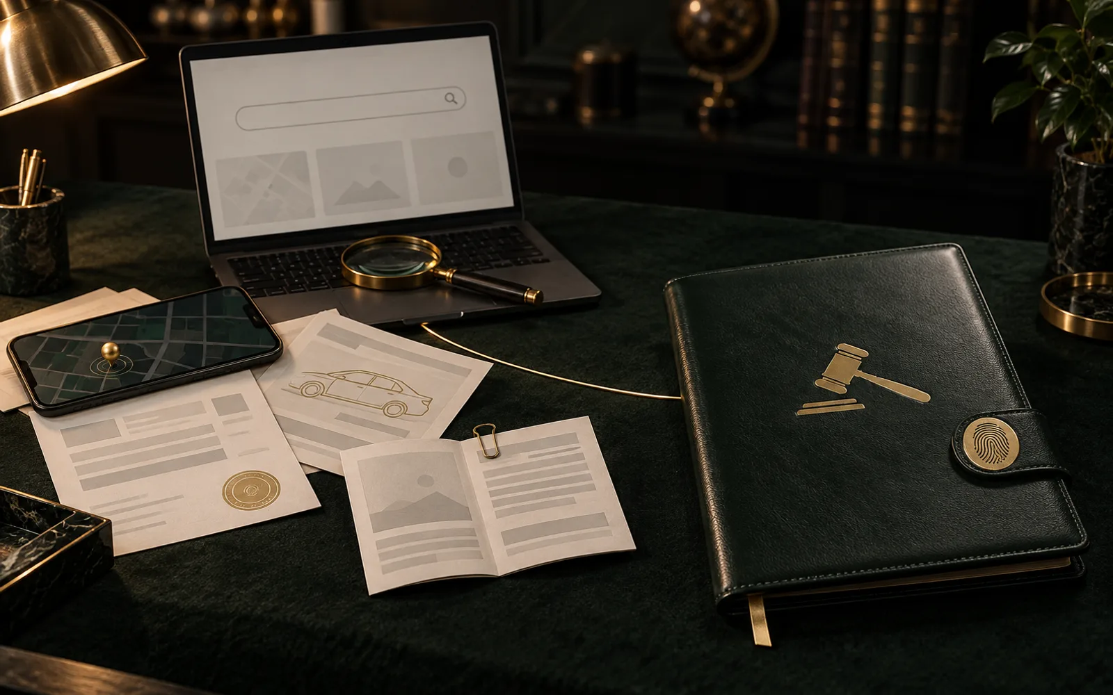 Mesa verde-escura vista de cima: à esquerda, peças soltas das fontes gratuitas, como um celular com um alfinete de mapa, um comprovante com selo, o documento do carro e um notebook com lupa; à direita, uma pasta fechada com um martelo de leilão dourado, que representa o histórico de leilão reunido.