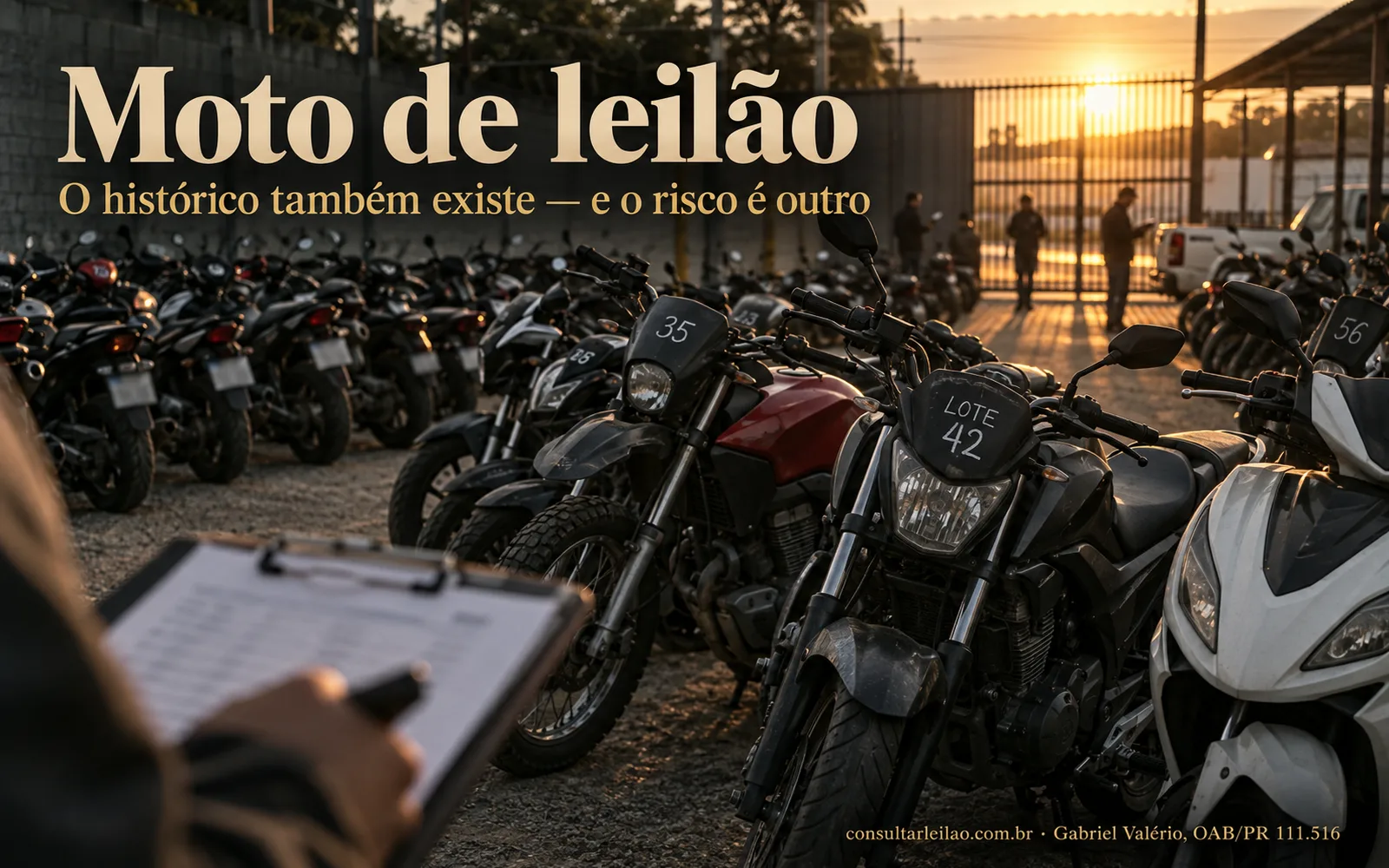 Pátio de leilão com fileiras de motos numeradas por lote ao entardecer.