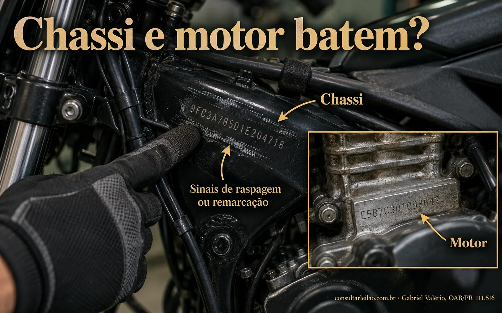 Close da gravação de chassi e da numeração do motor de uma moto, com destaque para sinais de raspagem ou remarcação.