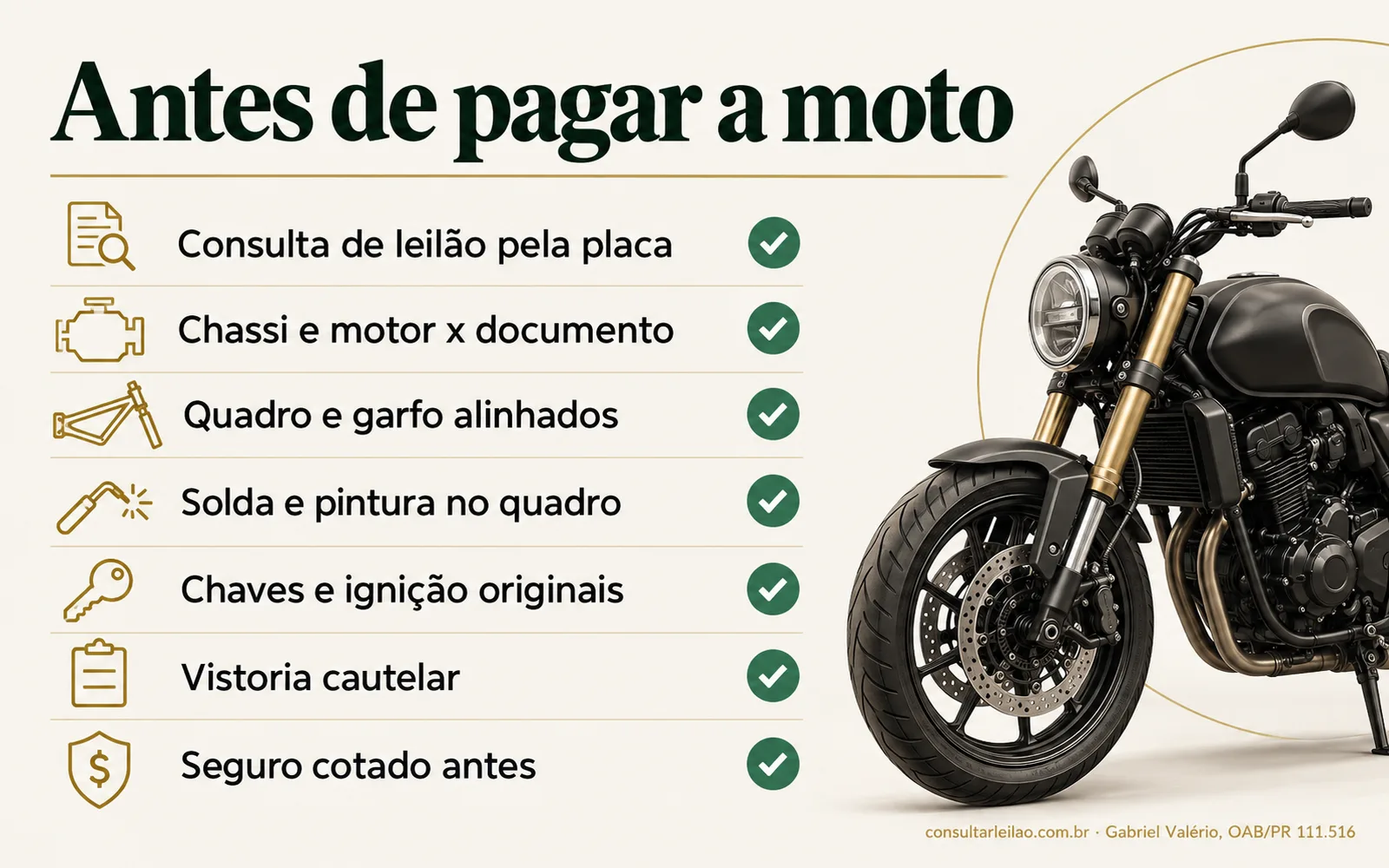 Checklist com sete conferências antes de comprar moto de leilão, da consulta pela placa à cotação do seguro.