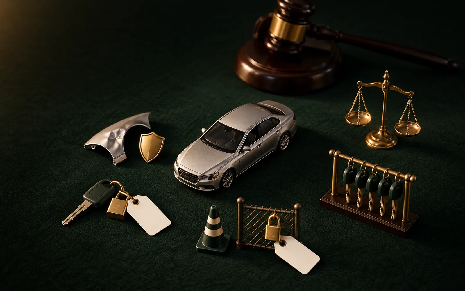 Natureza-morta sobre mesa verde-escura: um carro em miniatura no centro, um martelo de leilão acima e cinco objetos ao redor, um para cada origem do carro de leilão: seguradora, banco, pátio de trânsito, frota e Justiça.