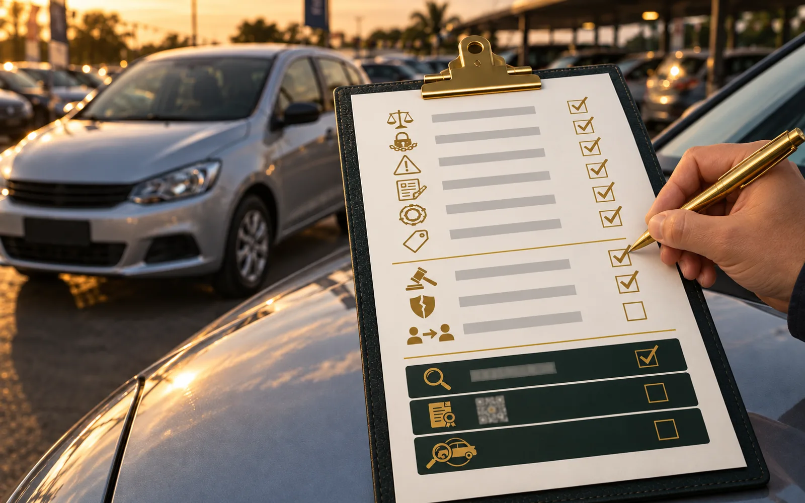 Prancheta com checklist de doze itens em três blocos, apoiada no capô de um carro usado em um pátio, com ícones de balança, cadeado, martelo de leilão, escudo e lupa.