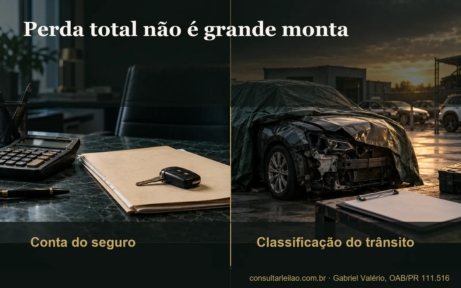 Imagem dividida entre a mesa da seguradora que decide a indenização integral e o pátio de vistoria que classifica o dano em pequena, média ou grande monta.