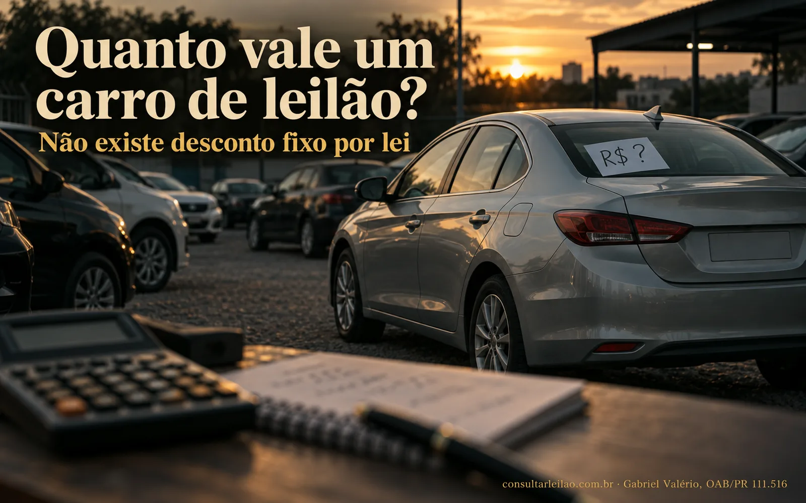 Carro prata à venda em pátio de seminovos com preço em aberto no para-brisa, ilustrando a dúvida sobre quanto vale um carro de leilão.