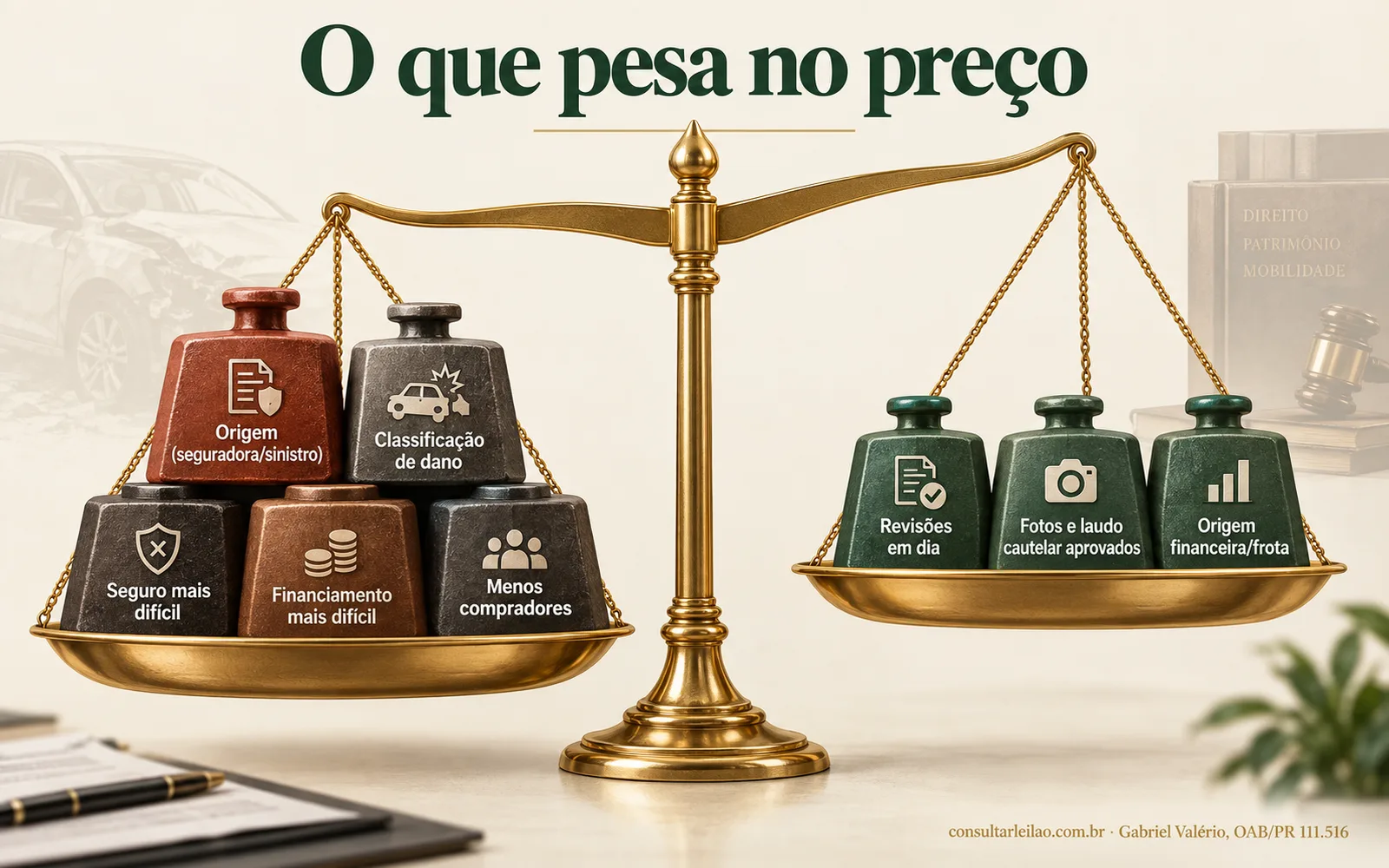 Balança com os fatores que derrubam e os que sustentam o preço de um carro de leilão, como origem, dano, seguro e documentação.