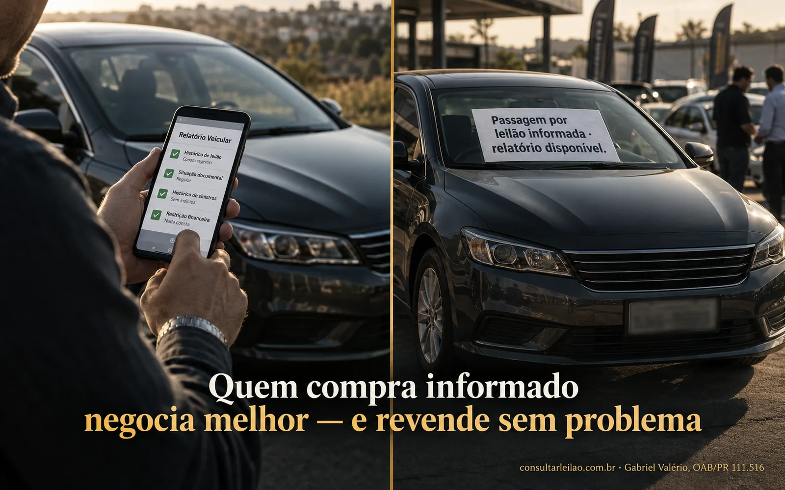 Dois momentos da mesma negociação: a compra com o relatório consultado e a revenda com a passagem por leilão informada no anúncio.