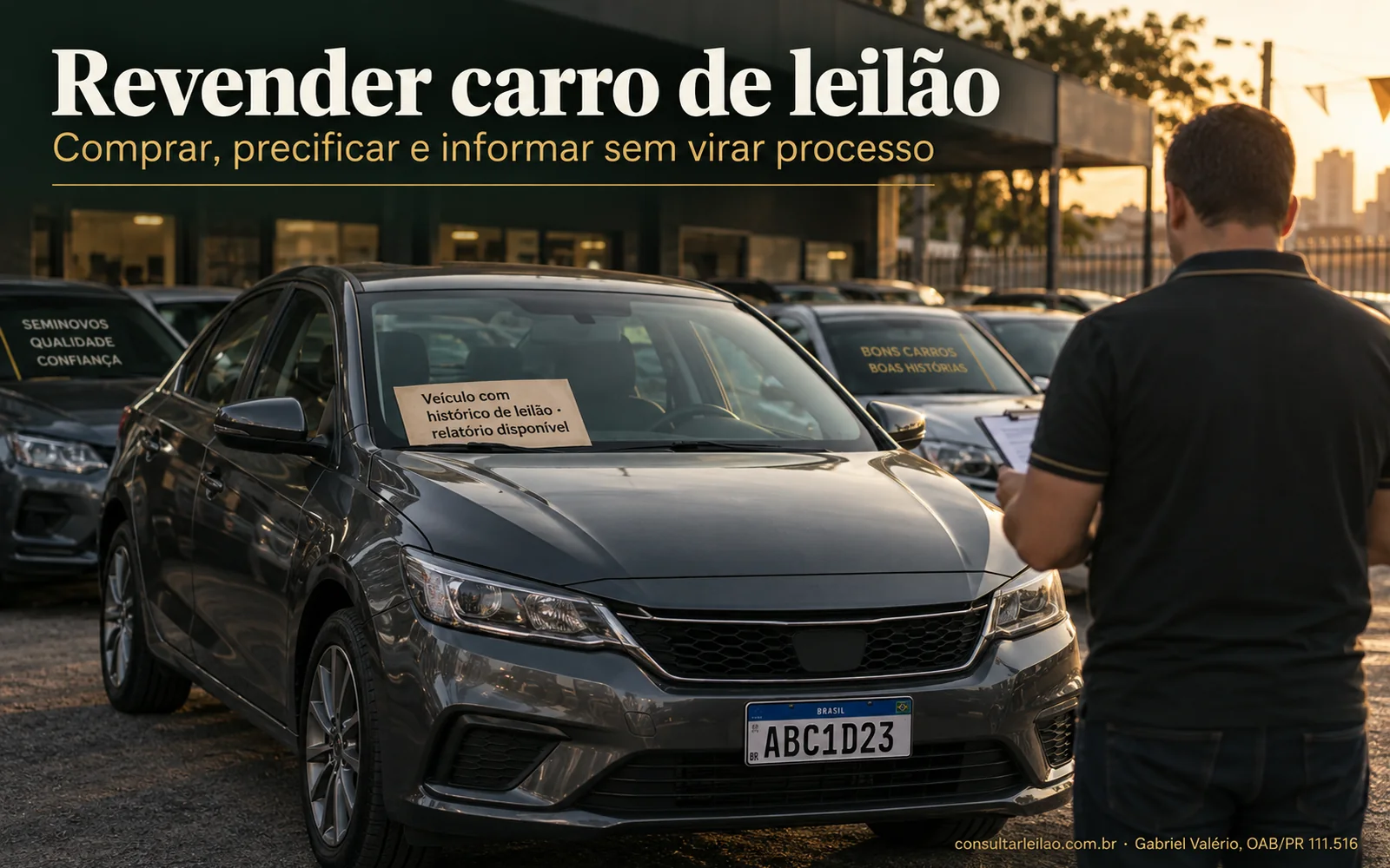 Sedã no pátio de uma loja de usados com aviso no para-brisa informando histórico de leilão e relatório disponível.