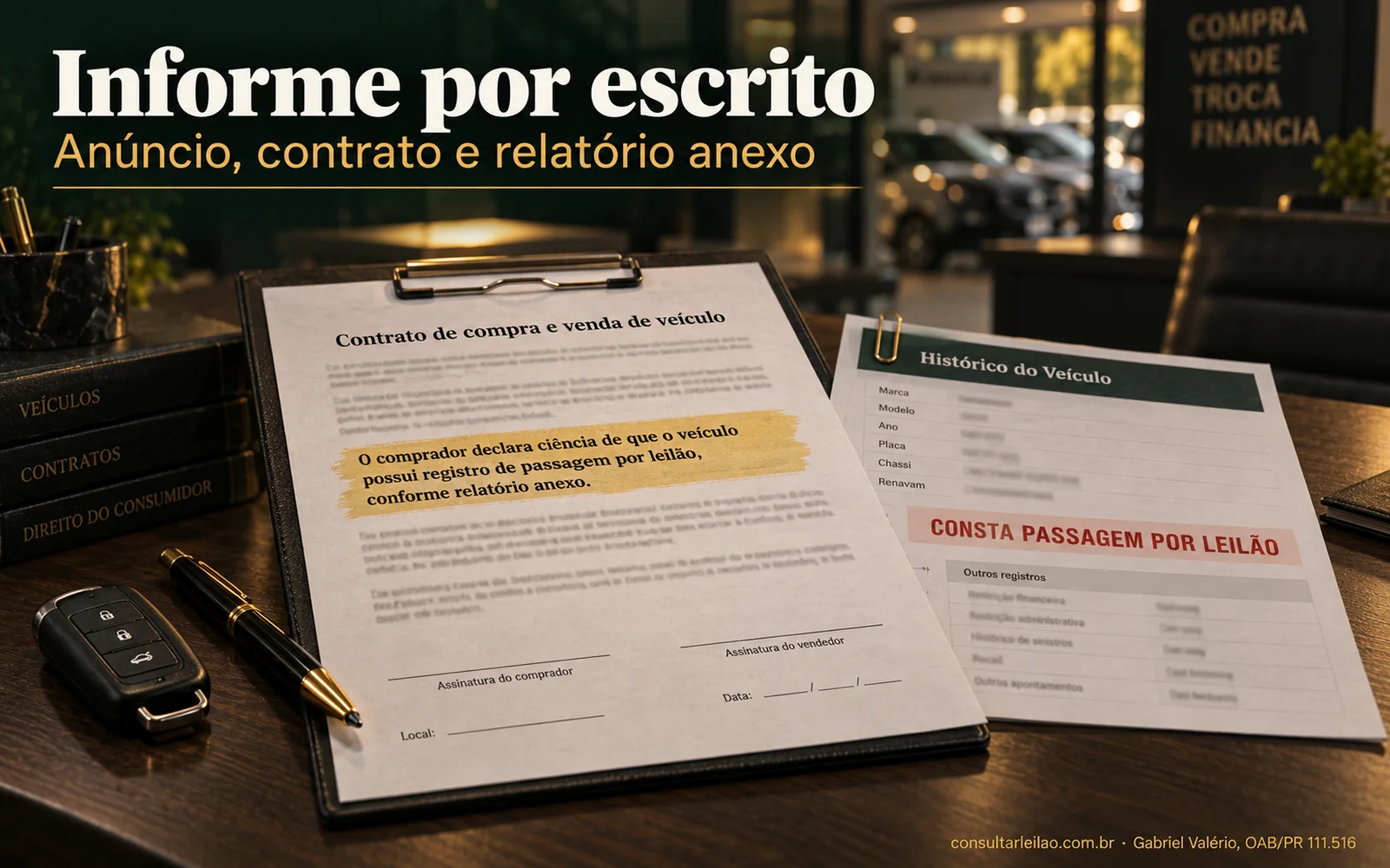 Contrato de compra e venda de veículo com cláusula destacada sobre passagem por leilão e o relatório da consulta anexado com clipe.