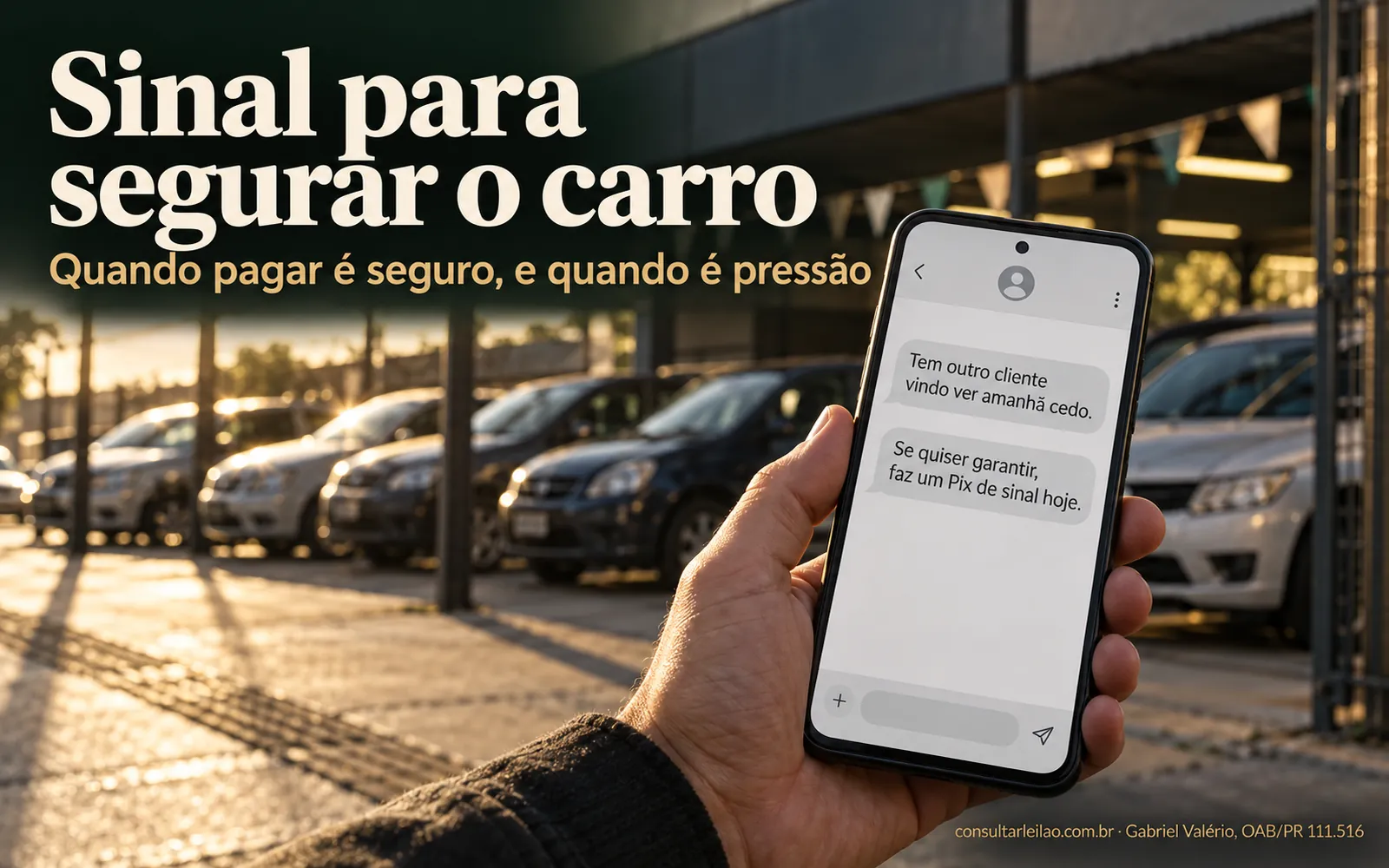Pessoa segurando o celular com uma conversa de vendedor pedindo sinal, diante do pátio de uma loja de carros usados ao entardecer.