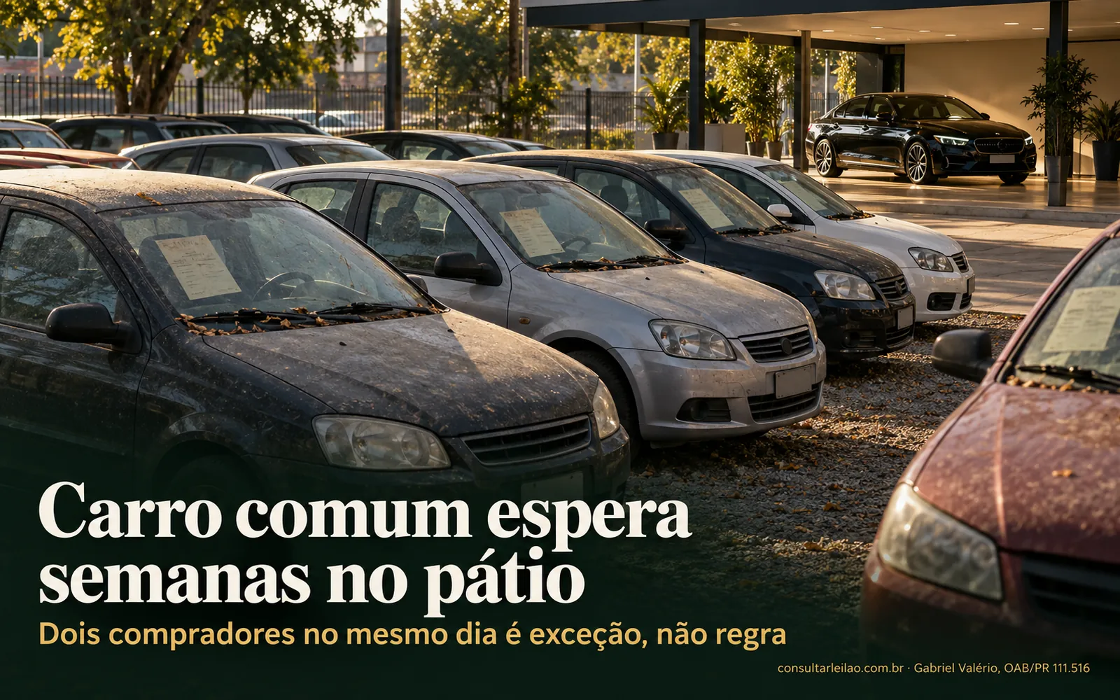 Pátio de loja de usados com hatches e sedãs populares parados há semanas, com poeira fina na lataria e etiquetas de preço desbotadas.