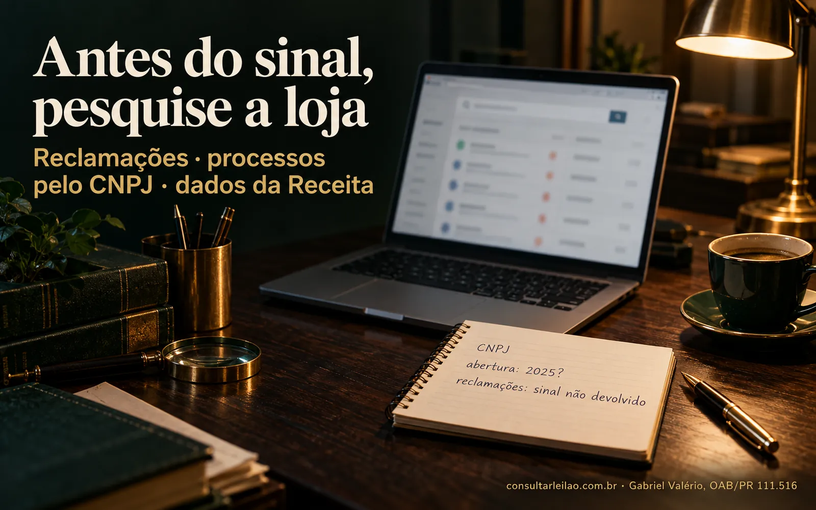 Notebook com pesquisa de reputação e de processos judiciais de uma loja de veículos, ao lado de anotações e do CNPJ da empresa.