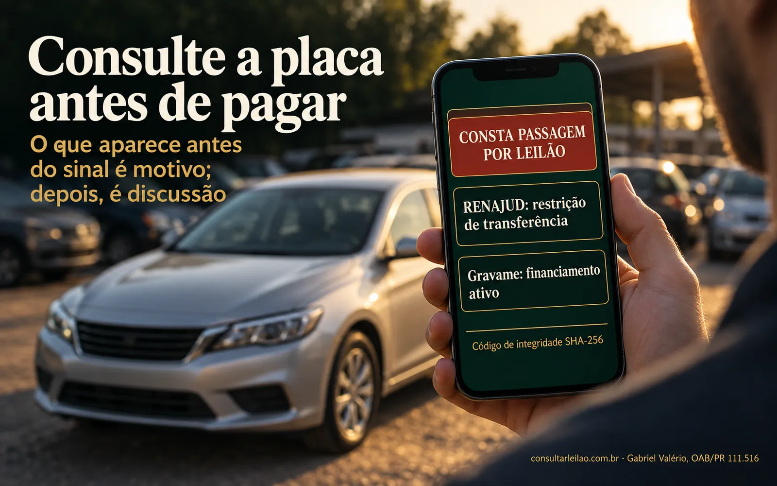 Comprador ao lado de um carro no pátio da loja lendo no celular um relatório escuro com passagem por leilão, restrição judicial e financiamento.