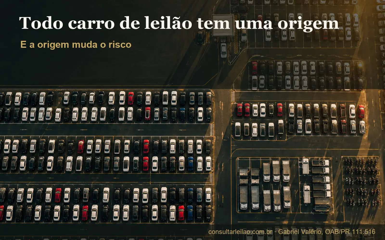 Vista aérea de pátio de leilão com carros separados por origem: banco, seguradora, frota, Detran e Justiça.