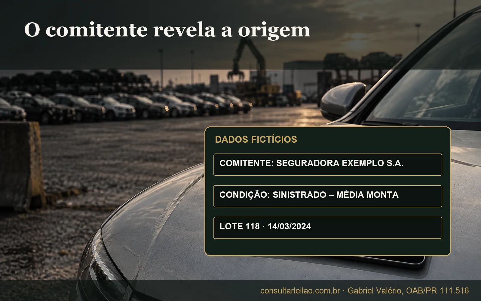 Tablet sobre o capô de um carro exibindo relatório fictício de leilão com comitente, condição do veículo e lote, que revelam a origem do leilão.