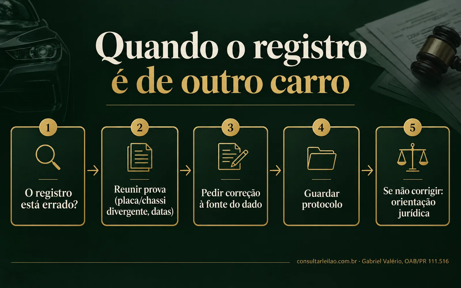 Fluxograma para contestar um registro de leilão errado: reunir prova, pedir correção à fonte, guardar protocolo e buscar orientação.