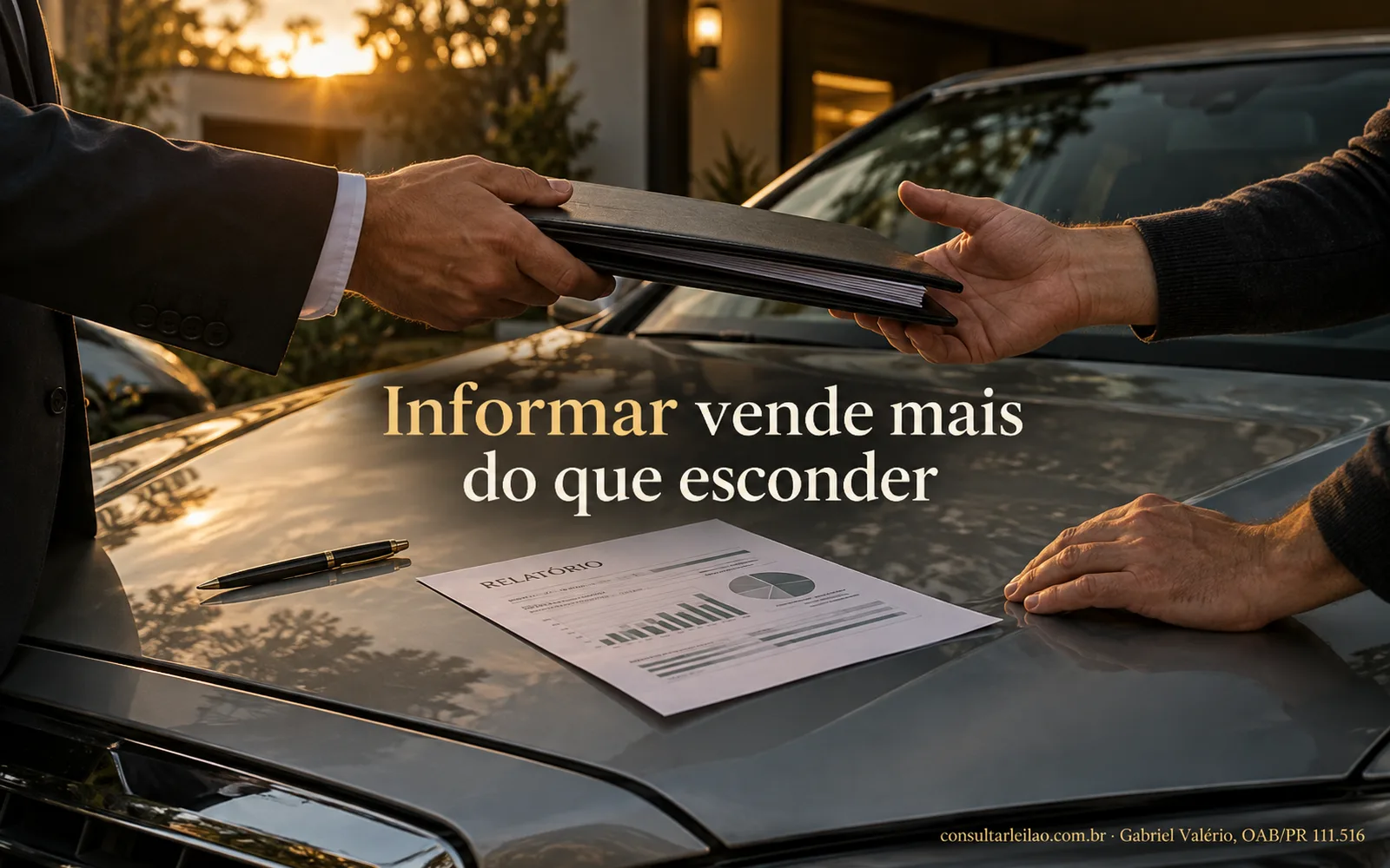 Vendedor entregando pasta com documentos e relatório de histórico ao comprador sobre o capô do carro.